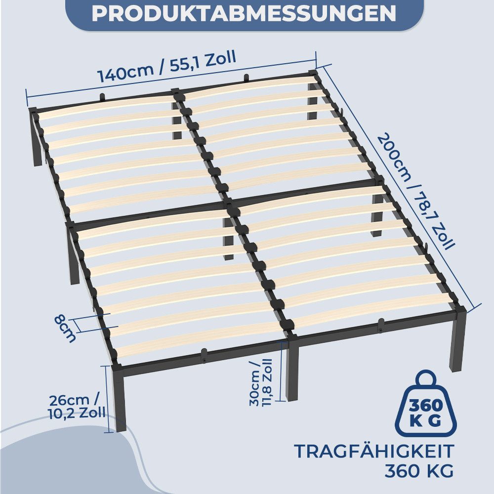 PFCTART Bettgestell Metallbett Bettgestell 140x200 cm mit Lattenrost, Schwarz 30 cm (Set, 1-tlg., 30 cm Höhe, 26 cm Bodenfreiheit, für Schlaf & Gästezimmer, Bettgestell), Schutzkappen, geräuscharm, 8 Matratzenstopper, für Einzelbett