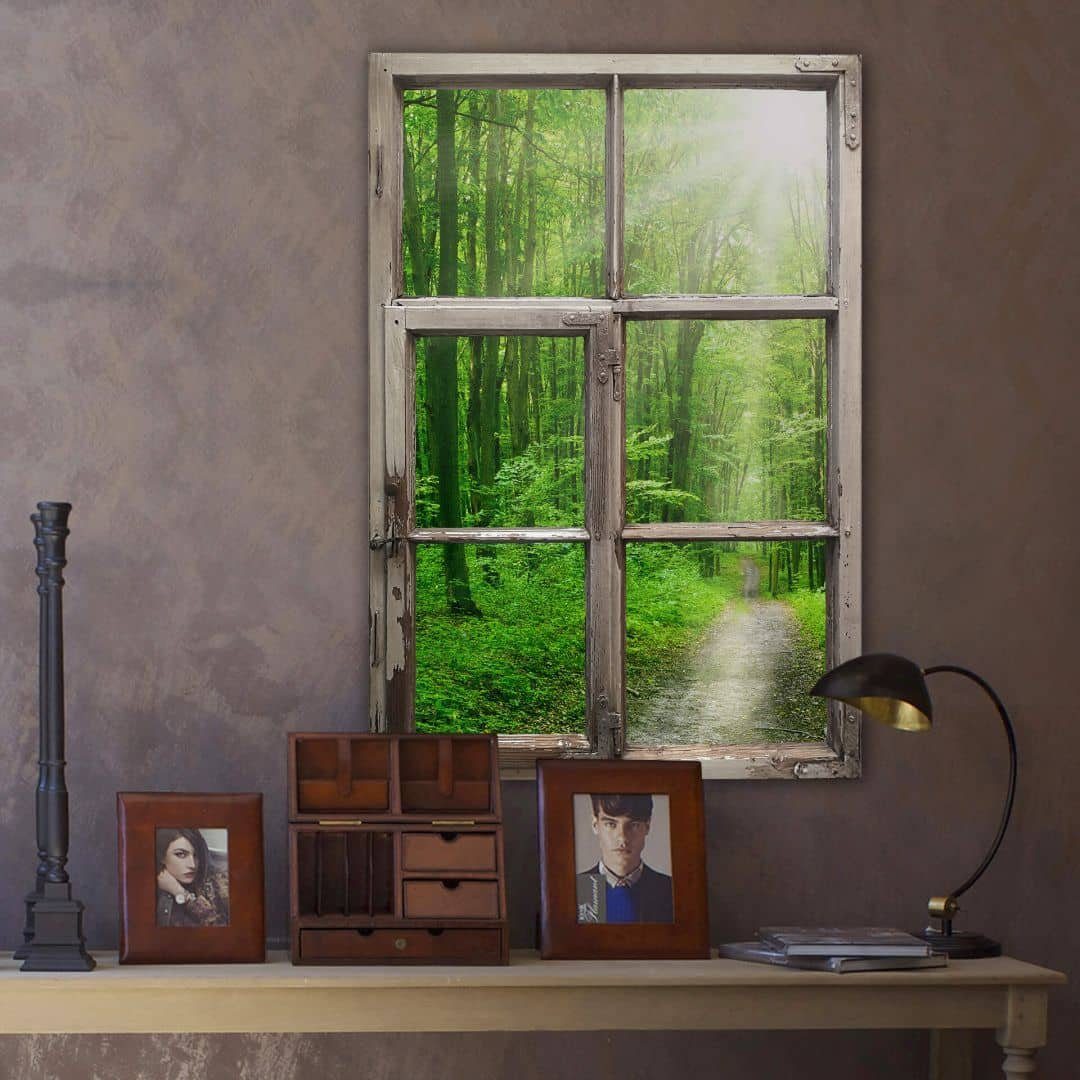 K&L Wall Art Wandtattoo 3D Wandtattoo Aufkleber Shabby Chic Holz Optik Wald sonniger Spaziergang, Holzfenster Wandbild selbstklebend