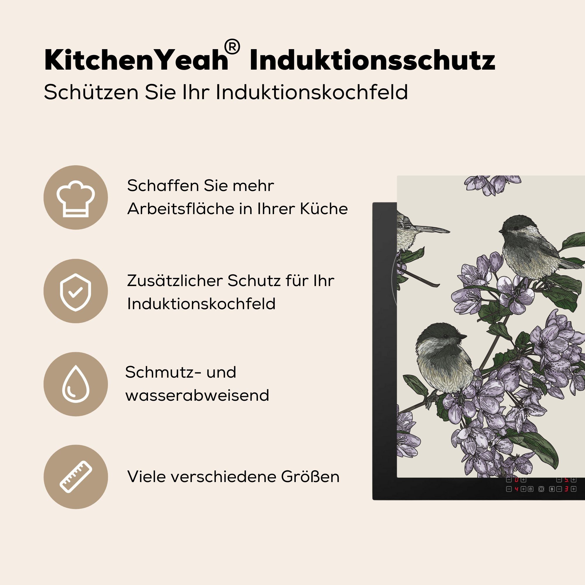 Muster, (1 - für - küche tlg), MuchoWow Vinyl, Vogel cm, Herdblende-/Abdeckplatte Blume Ceranfeldabdeckung, 78x78 Arbeitsplatte