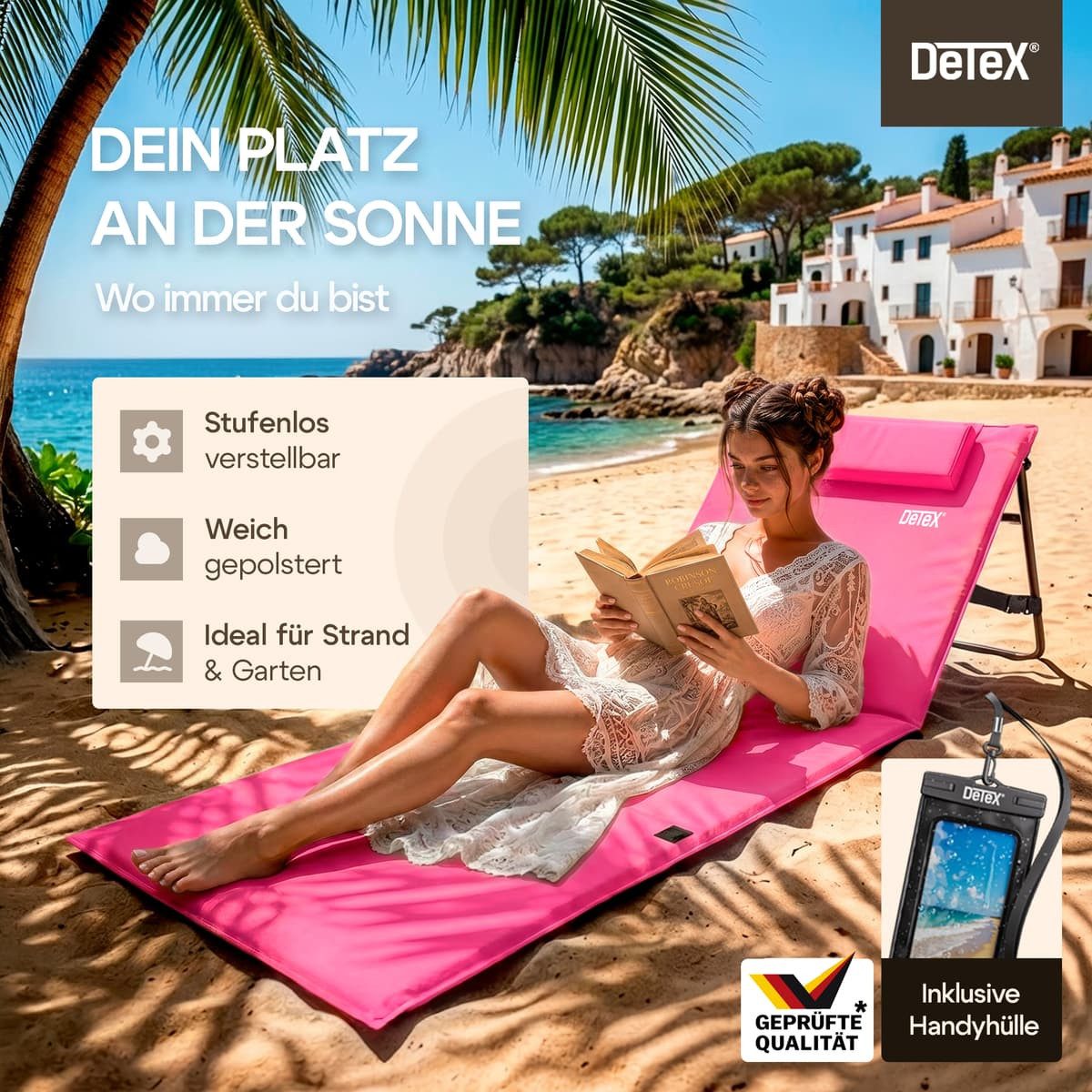 Detex Gartenliege, Strandmatte Gepolstert mit Rückenlehne Strandliege Klappbar Tragbar