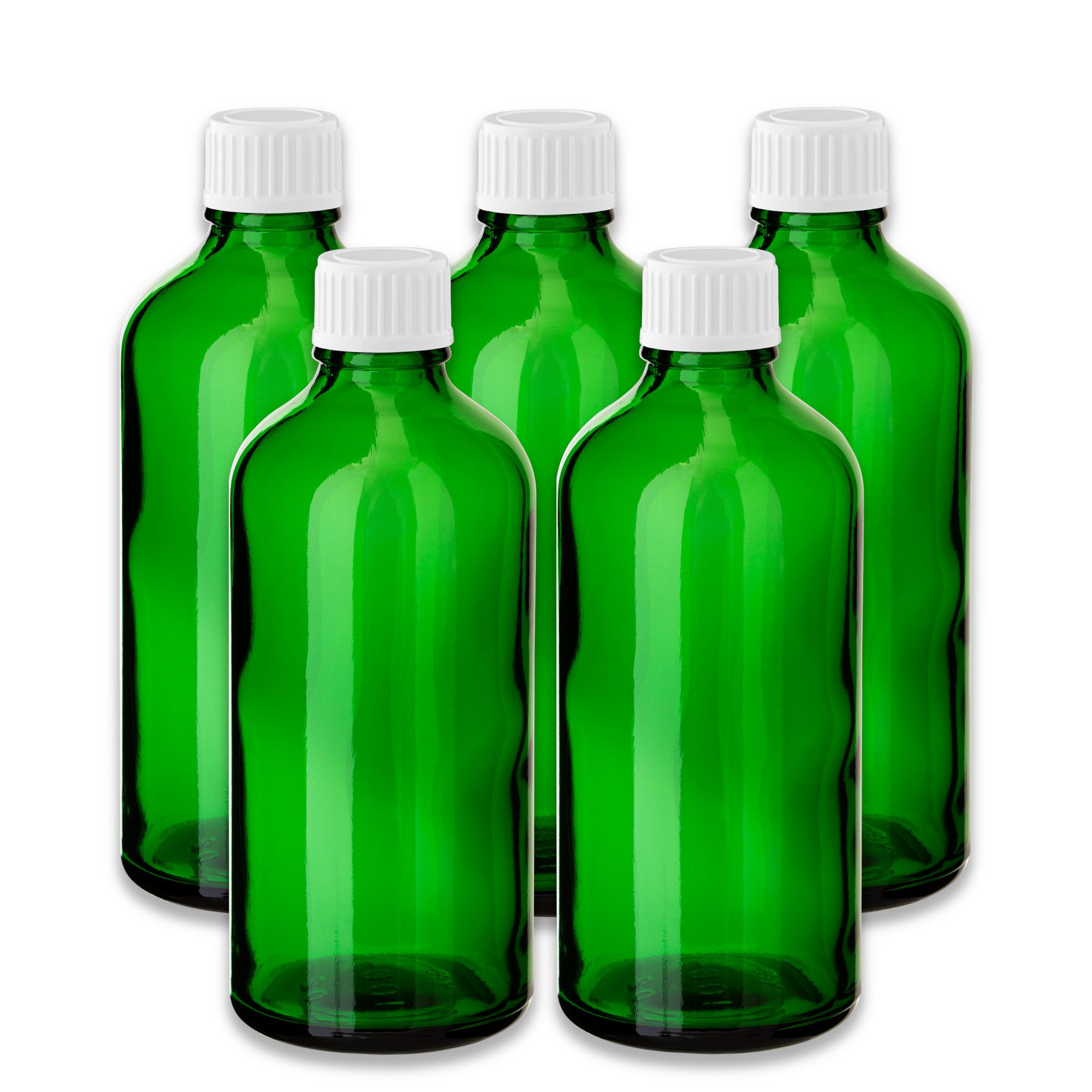 CK Verpackung GmbH Leerglas 5x Grüne Glasflasche 100 ml mit weißem PP-Schraubverschluss Leer 18 mm (Set x5)