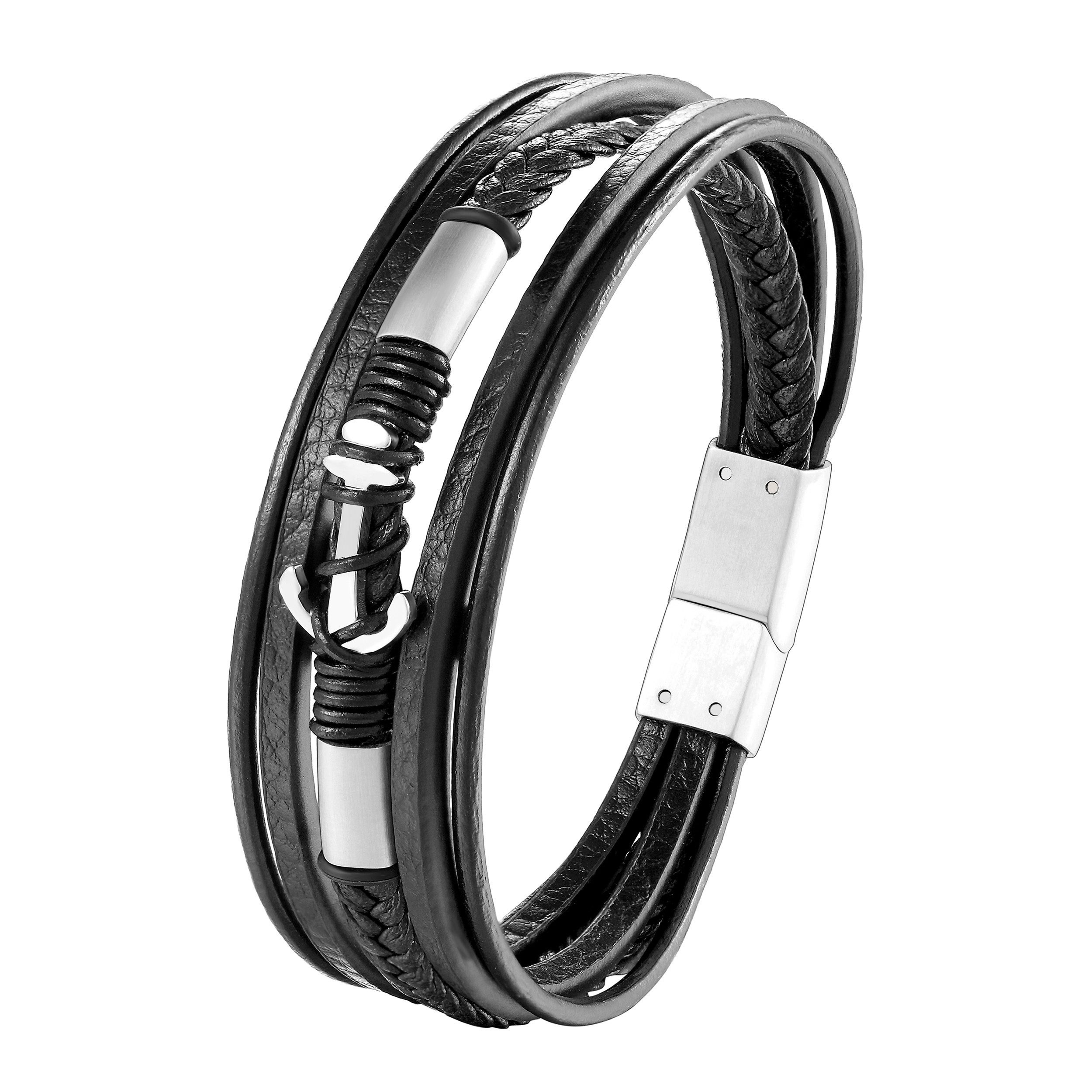 Lederarmband Männer Mehreihiges Lederarmband Anker Edelstahl Elemente 21cm BLQ263