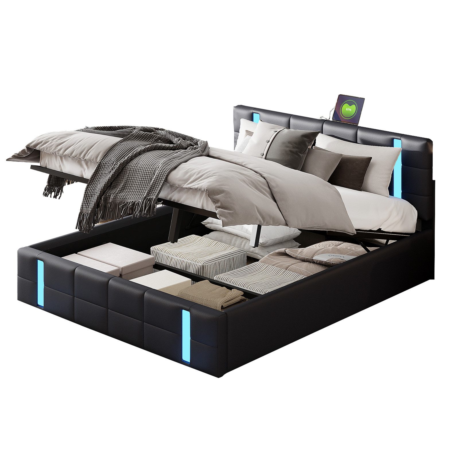 FUROKOY Polsterbett LED Hydraulisches Doppelbett Kunstleder, günstig online kaufen