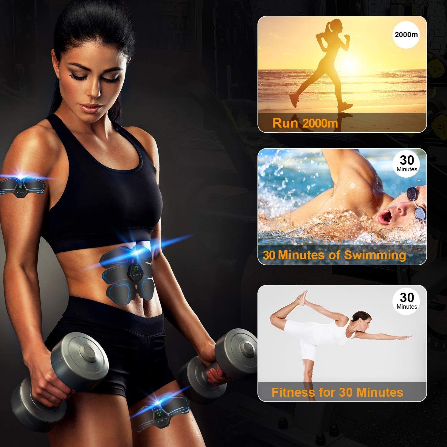 Bildschirm 10 Fitness-Gerät, Smart Bauchtrainer Trainingsgerät,Muskelstimulator 20 EMS Modi zum Blau ABS/Bauch/Arm/Bein XDeer Intensitäten,LCD