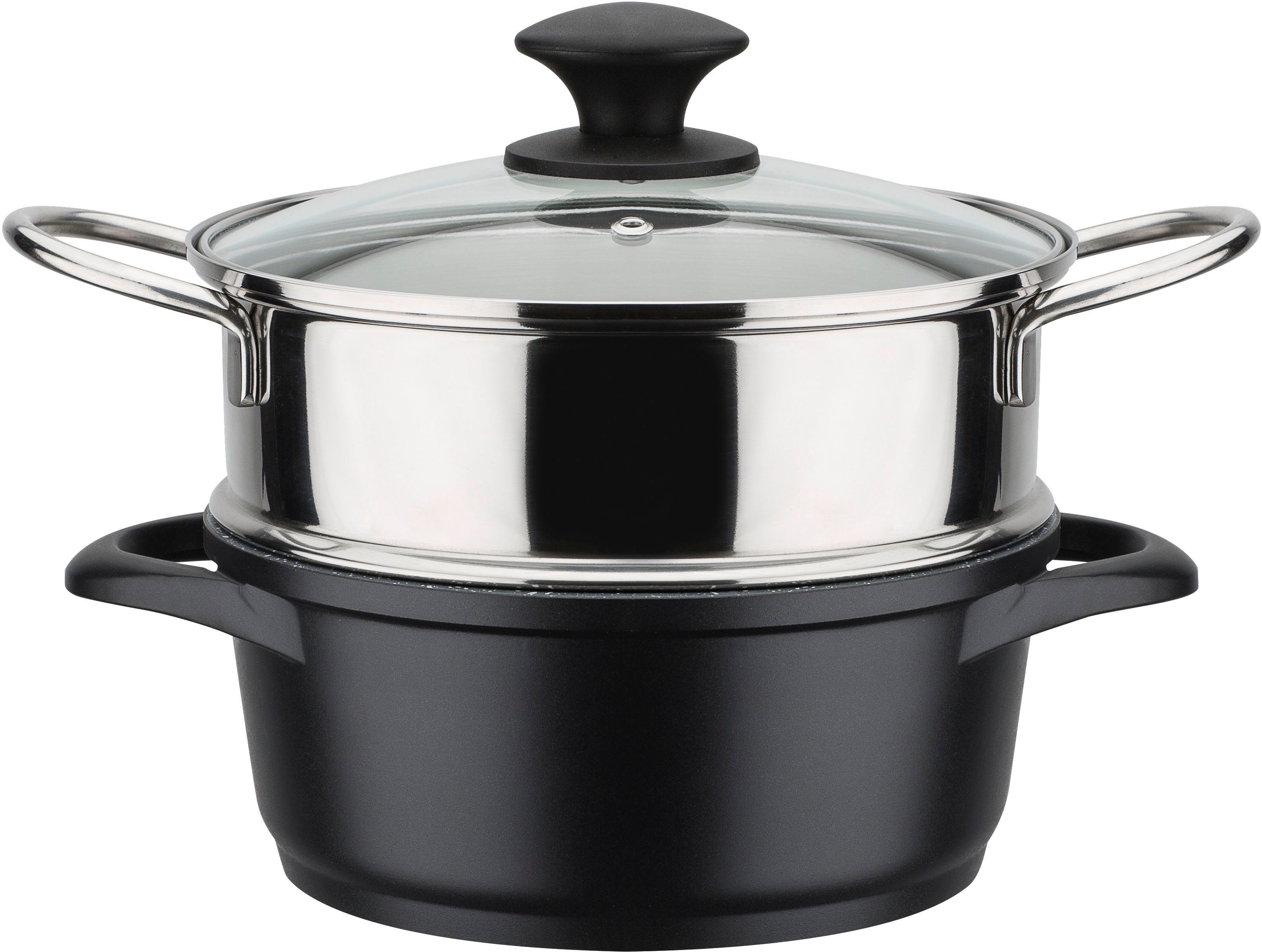 GSW Topf-Set Gourmet Granit, Aluminiumguss (Set, 12-tlg., Kochtopf 20/24, Stieltopf 16, Pfanne 20/24, Bräter, Dampfeinsatz), Induktion