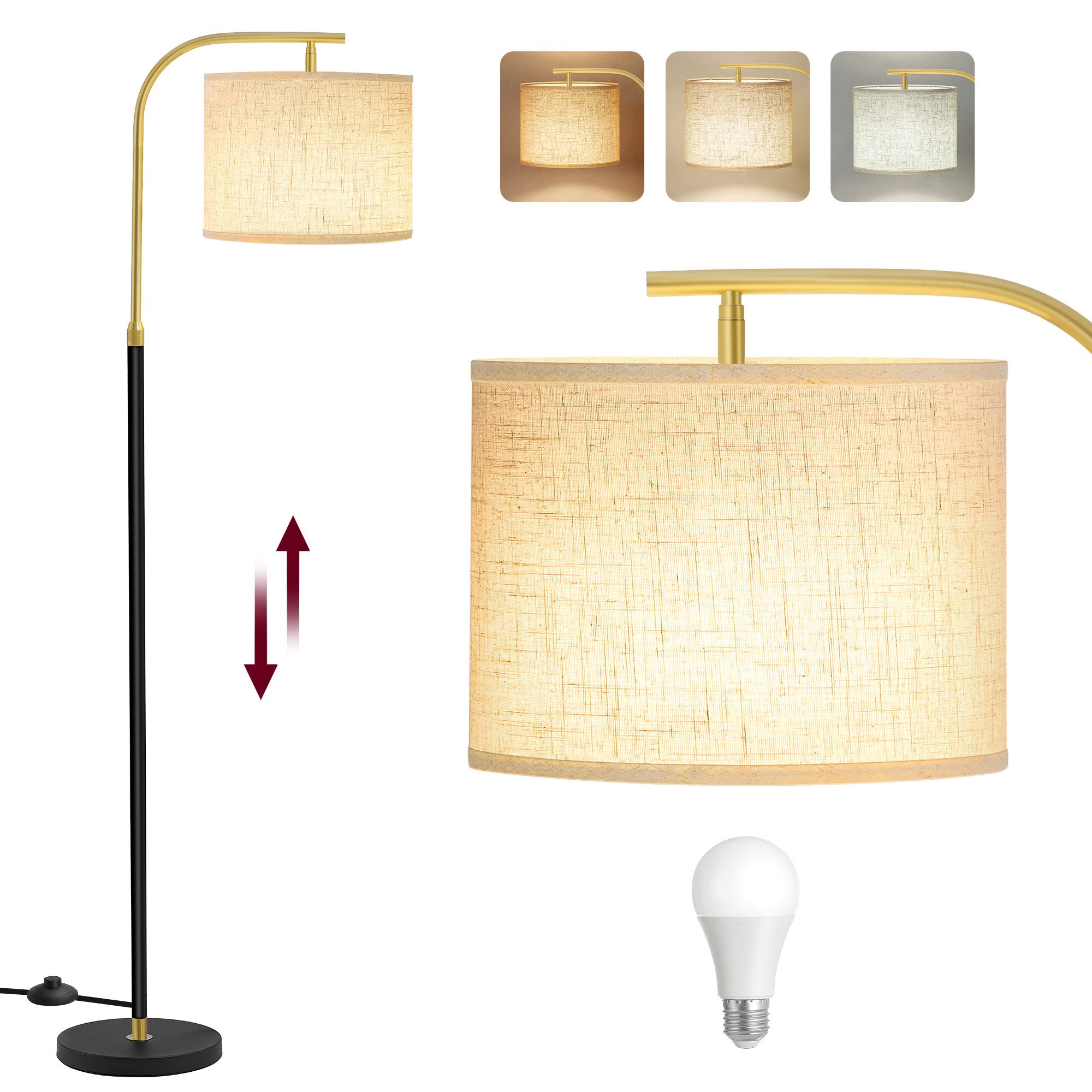 VASAGLE Stehlampe Stehleuchte, Bogenlampe, höhenverstellbare Leselampe, mit Fußtaster, mit 3 Lichtfarben, 150-175 cm hoch, modern, Lampenschirm aus Stoff, E27 Fassung. Reduzierter Preis € 49,99. Unverbindliche Preisempfehlung € 59,99