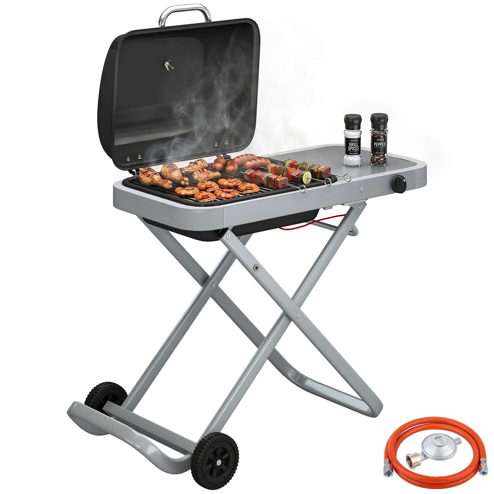 Outsunny Gasgrill mit Faltbarem Rollwagen, Grillrost, Seitentisch, Deckel, Thermometer, Tischgrill, Grillwagen, für BBQ Camping Garten Terrasse