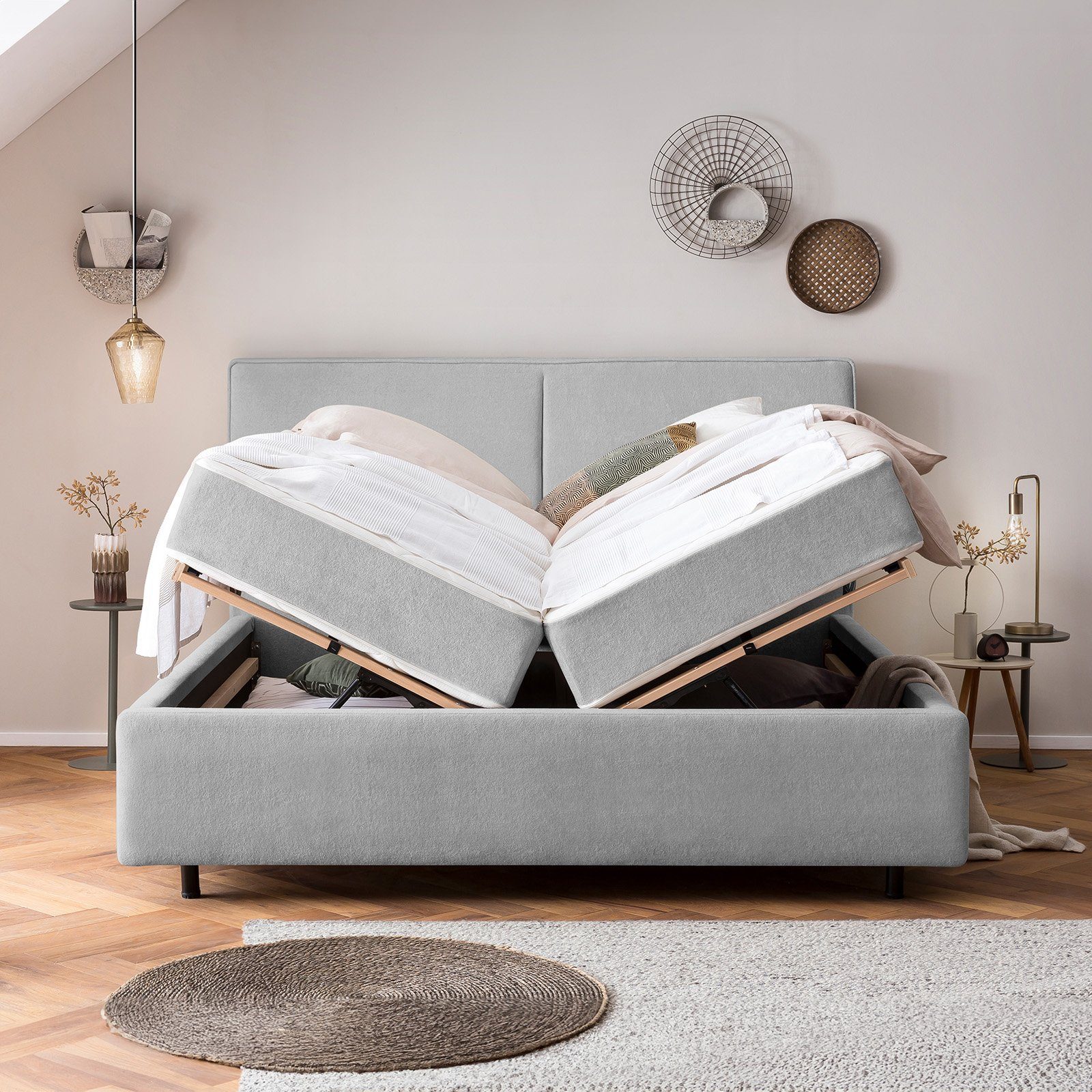 BettCo Stauraumbett Polsterbett mit Bettkasten Bari (in Grau Teddystoff, 140 x 200 cm), mit Lattenroste, Runde Metallfüße