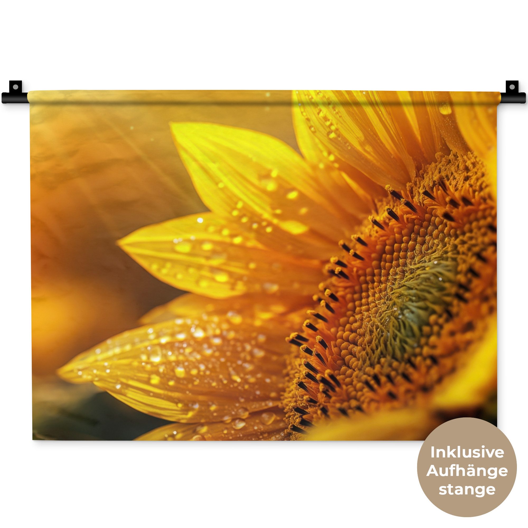 MuchoWow Wandteppich Sonnenblume - Tautropfen - Gelb - Sonnenlicht, Rechteckig, Höhe: 3 mm, Wanddeko Teppich Wohnzimmer, Schlafzimmer, 60x45 cm