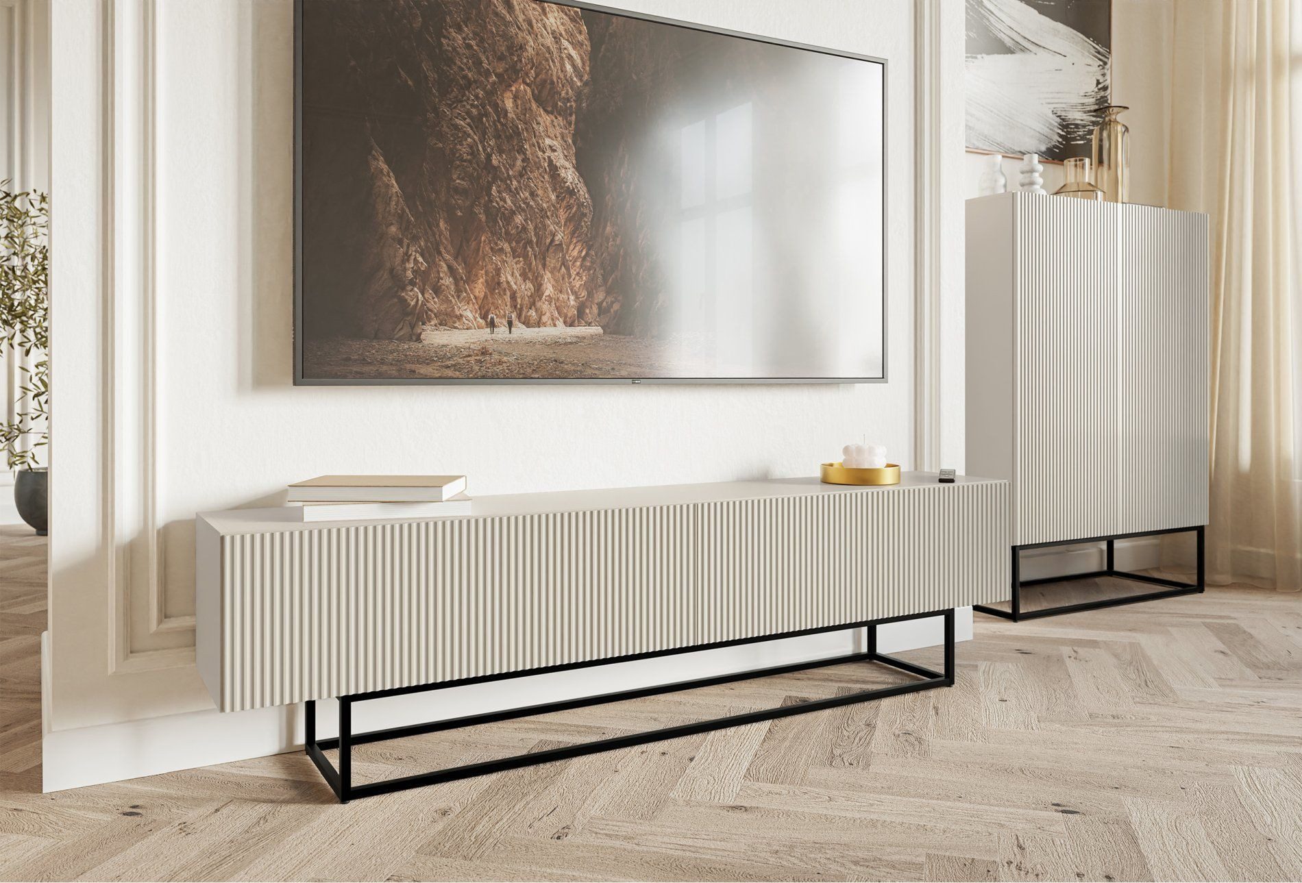Selsey TV-Schrank VELDIO TV-Lowboard 175 cm – Riffelfronten und Metallgestell in Schwarz