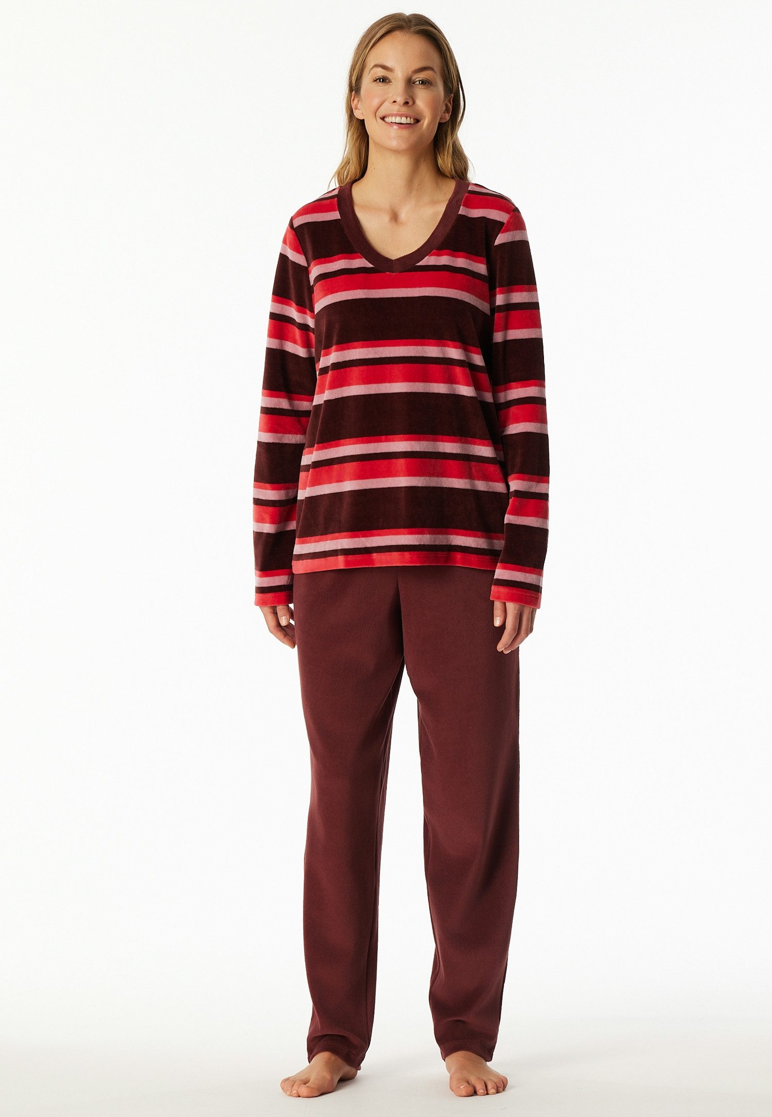 Schiesser Schlafanzug Comfort Nightwear (2 tlg) Baumwollmischung, V-Ausschnitt, langärmelig, Velour-Qualität