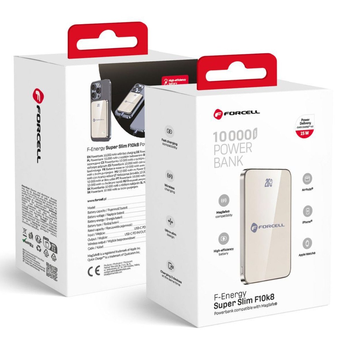 Forcell F10K8 Powerbank 10000 mAh (5, 9, 12 V), MagSafe-kompatibel, Super Slim Design, Gummierte Oberfläche