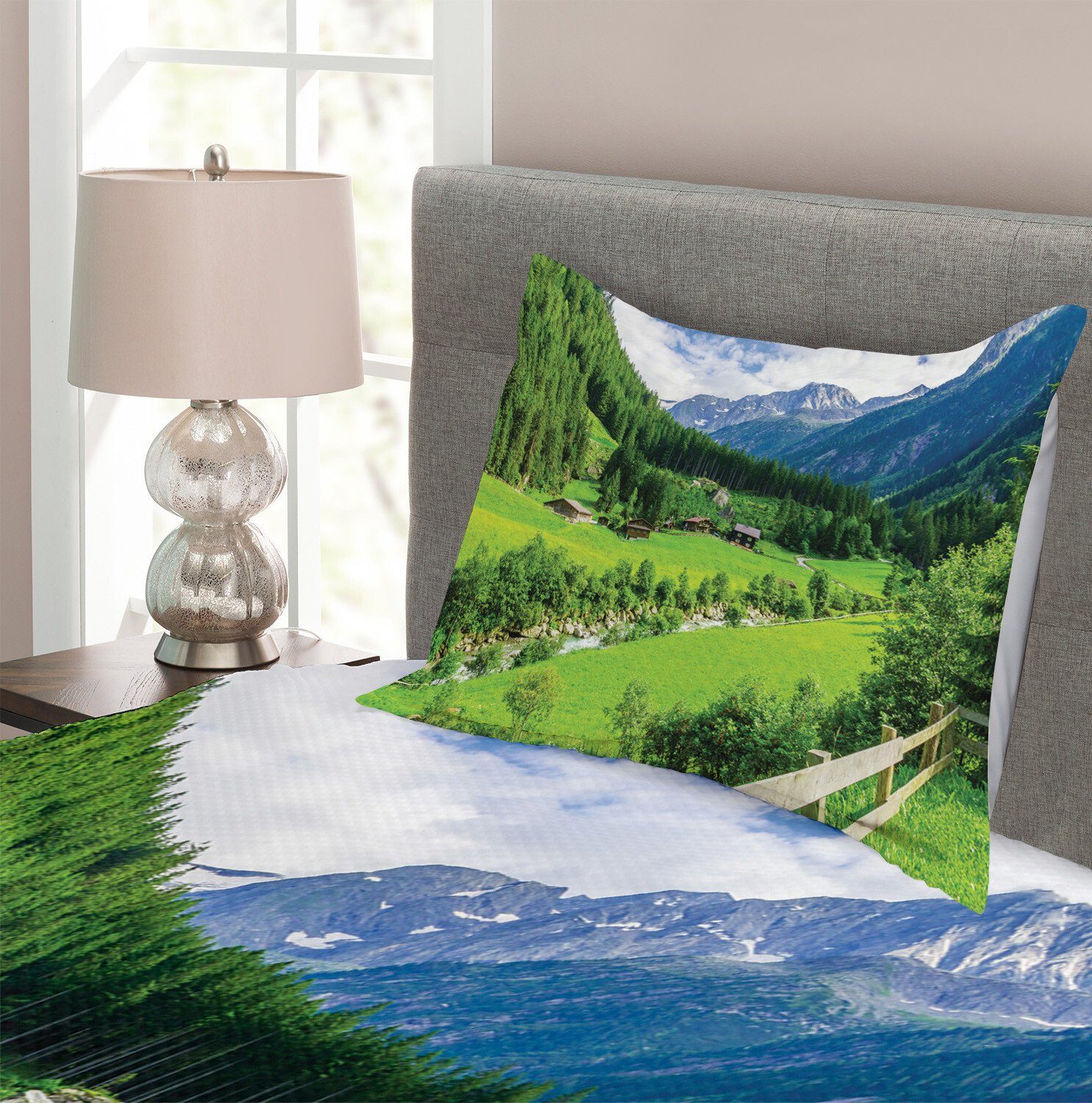 Alpine Abakuhaus, Pastoral Natur Landschaft Set Waschbar, mit Kissenbezügen Tagesdecke