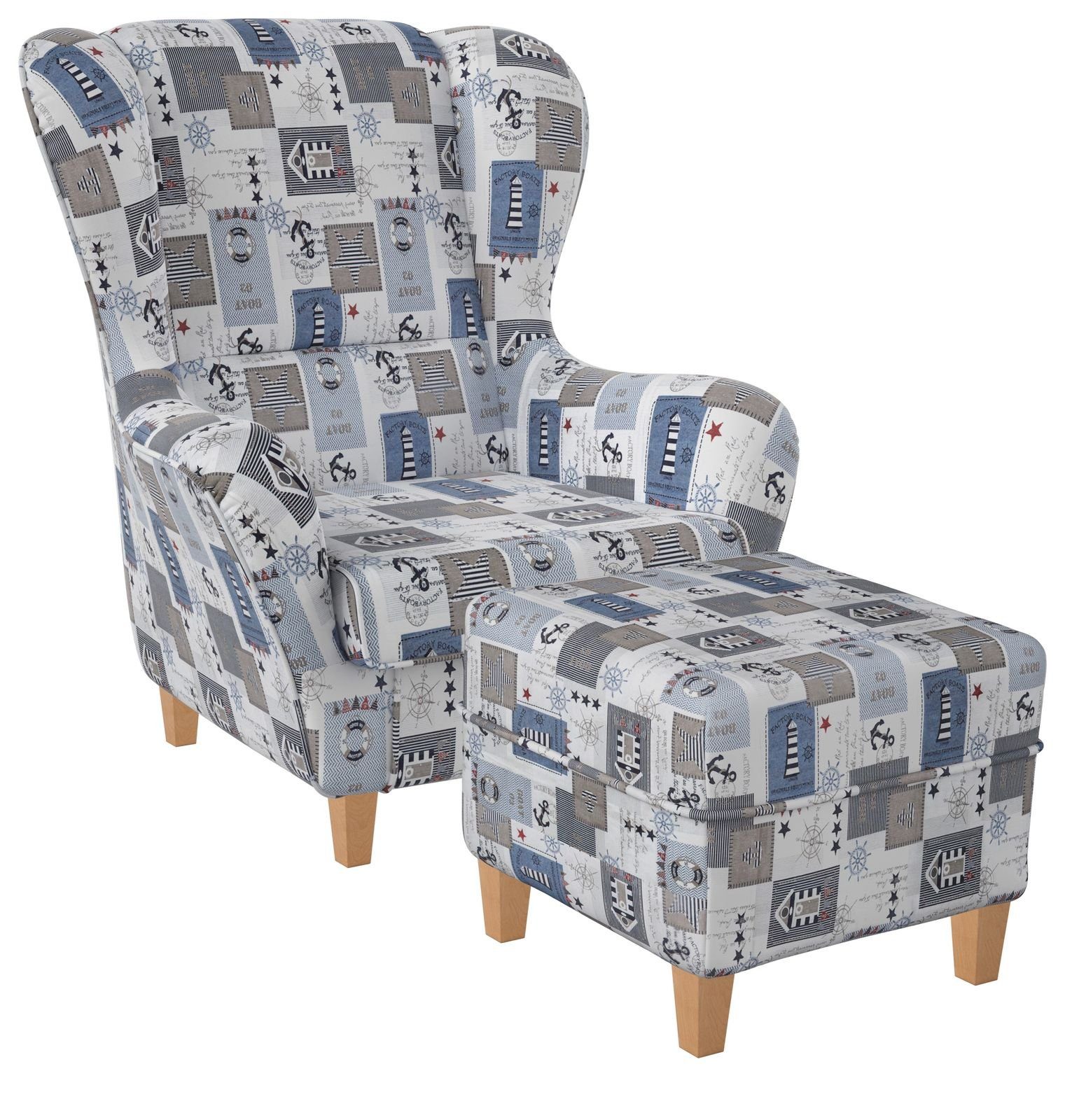 Supellex Ohrensessel Sofia, Relaxsessel mit Hocker, Design Patchwork maritime Motive