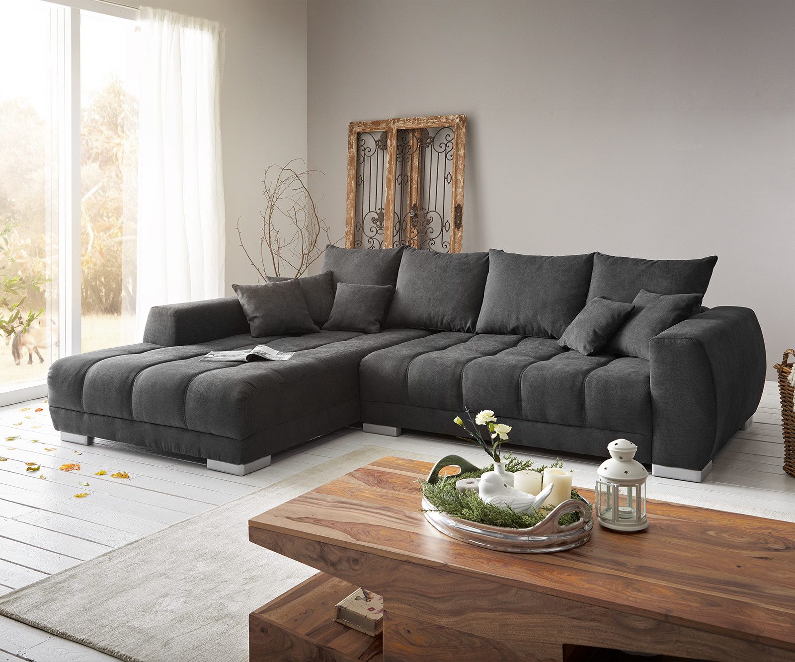 DELIFE Ecksofa Josea, Mikrofaser Schwarz 300x220 cm Recamiere links Ecksofa