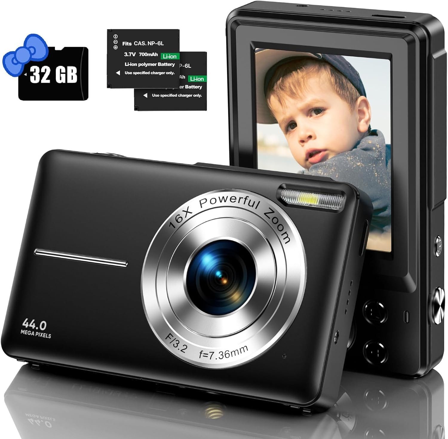 Vivitar Digitalkamera mit 32G Micro SD Karte, 1080P Kinderkamera 44MP HD Kinderkamera (inkl. 44MP HD mit 2,4“ LCD-Bildschirm 16X Digitalzoom und 2 Batterien, Beste Wahl für Anfänger, einfach zu bedienen und unterhaltsam)