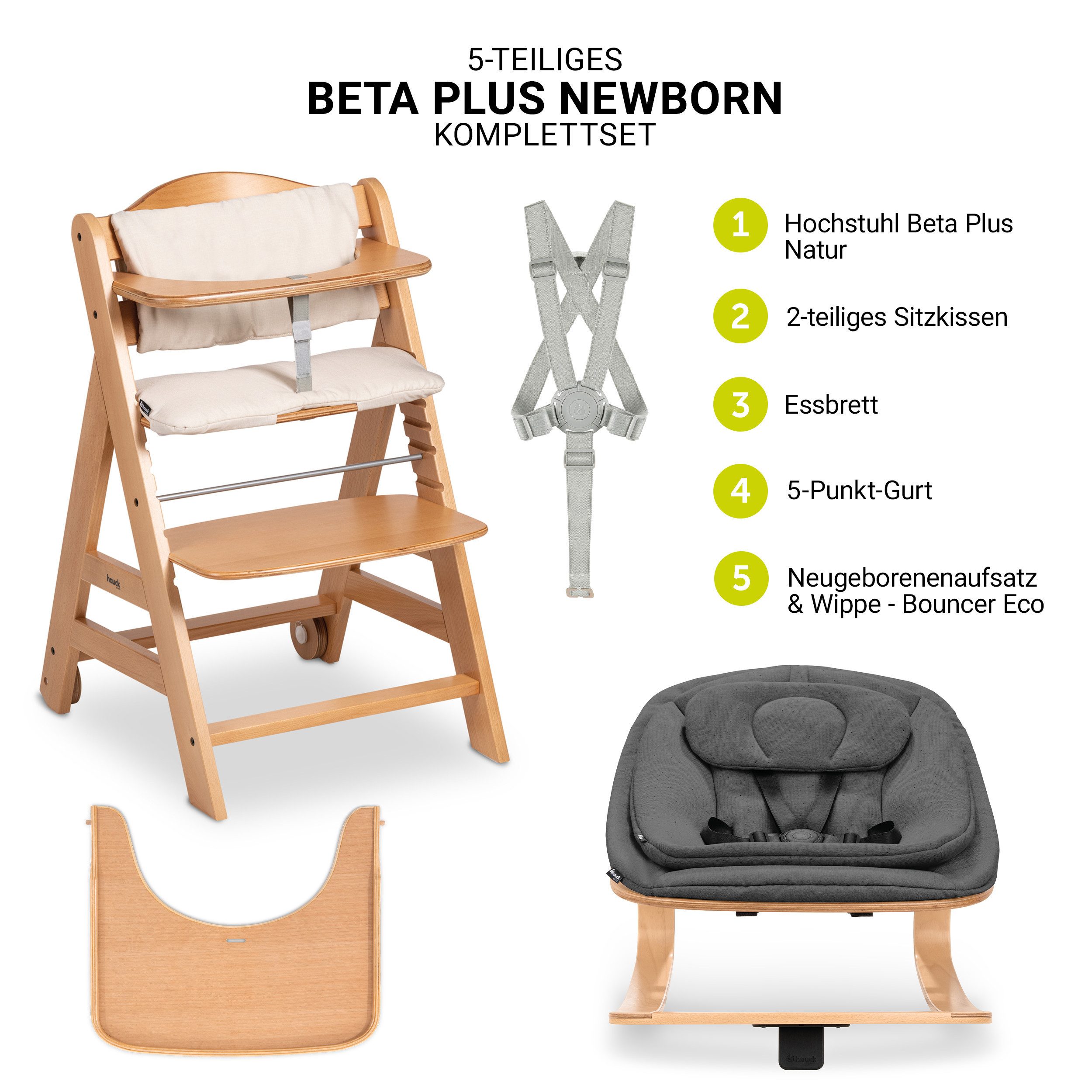 Hauck Hochstuhl Beta Plus Newborn Set Eco - Natural, Holz Babystuhl ab Geburt mit Neugeborenensufsatz, Sitzkissen, Essbrett – Bild 2 von 5