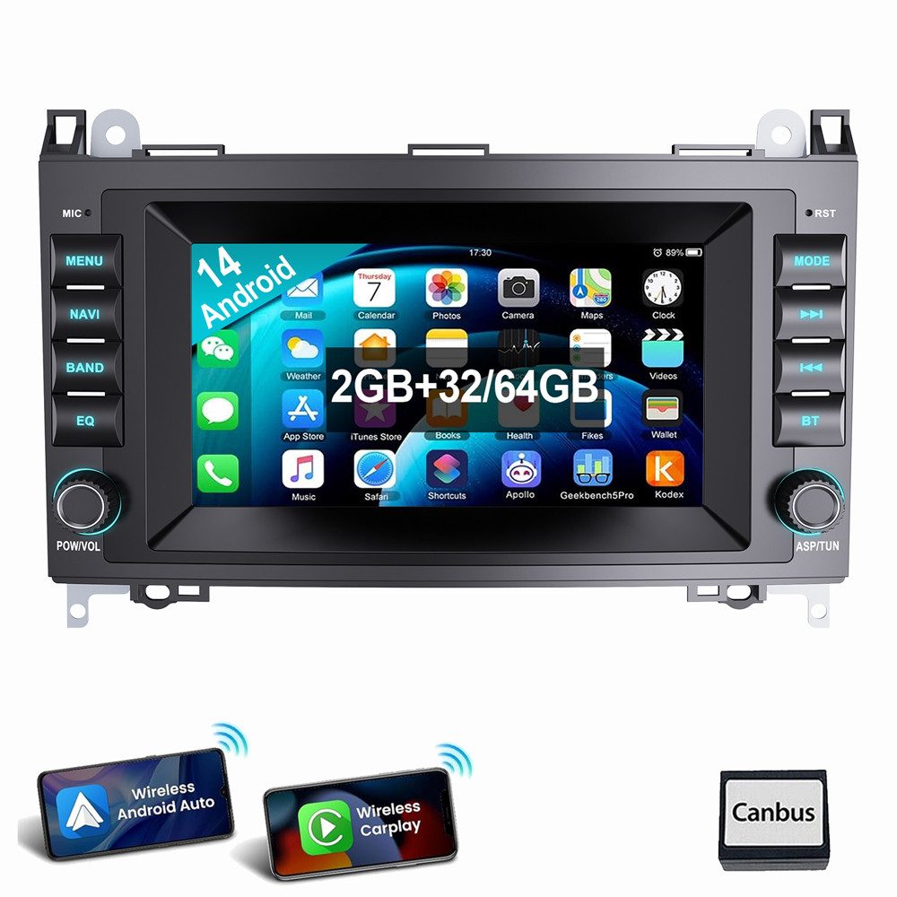 ESSGOO Für Mercedes-Benz A/B Klasse/Vito W169 W639 W245 W906 Android 14 Autoradio (Digitalradio (DAB), RDS, FM, AM, Apple Carplay Android Auto GPS Navi WIFI BT EQ SWC)
