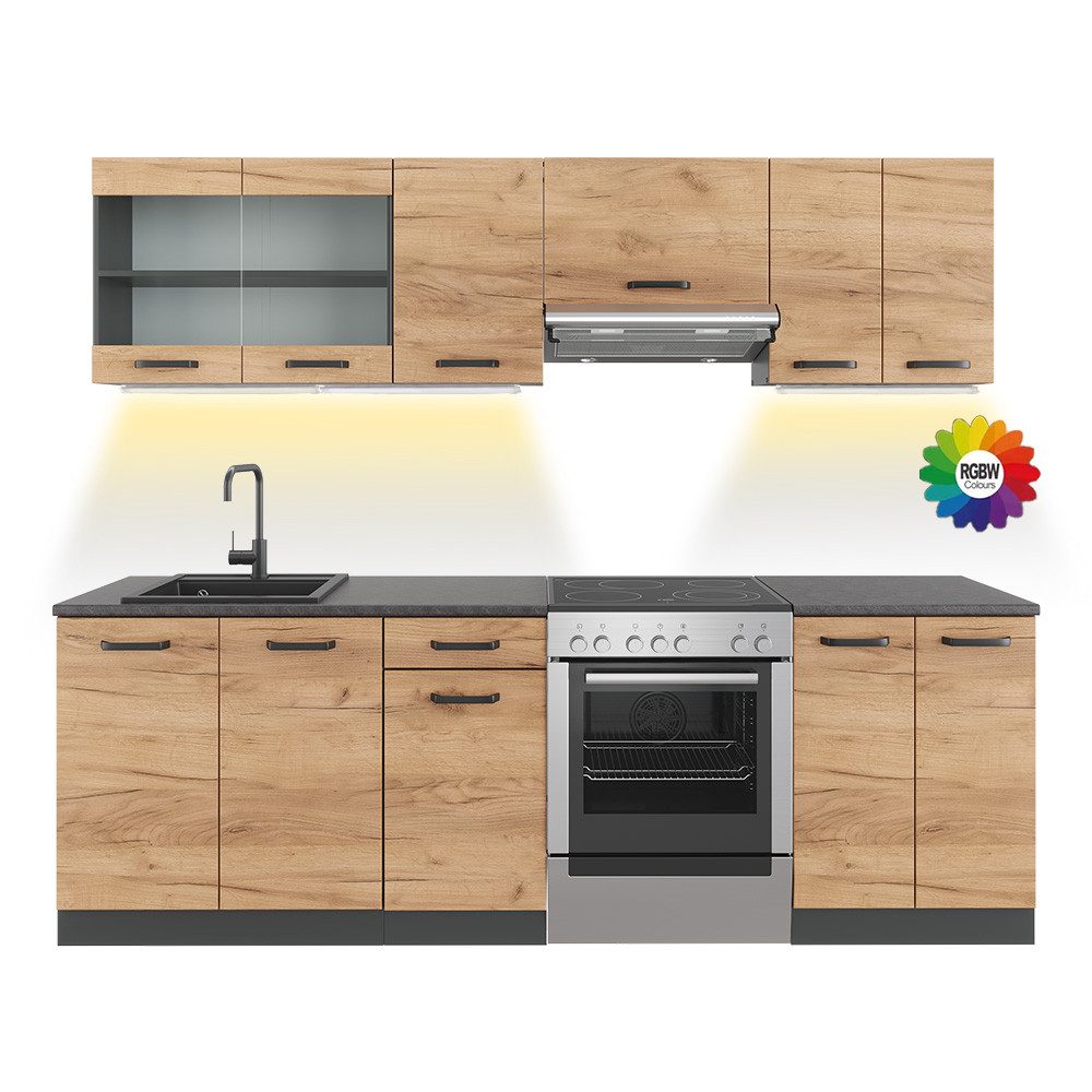 Vicco Küchenzeile R-Line, Goldkraft Eiche/Anthrazit, 240 cm, AP Schwarz gemustert mit...