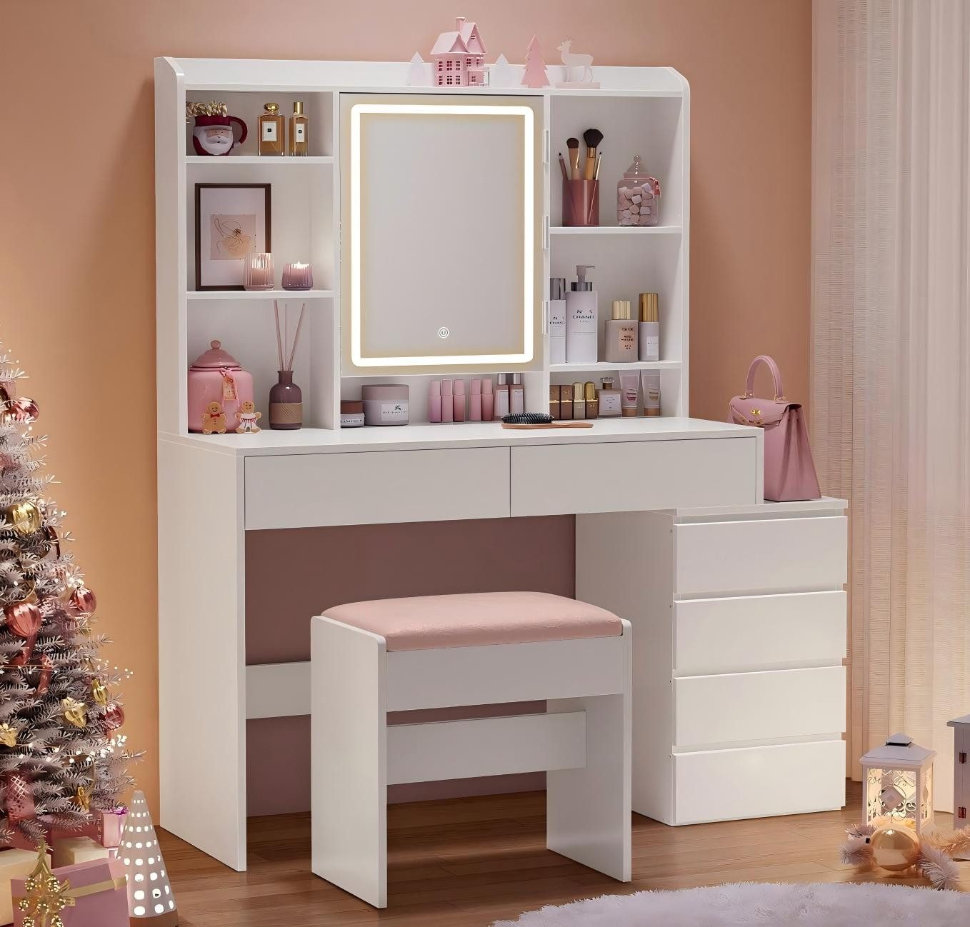 Schminktisch mit LED-Beleuchtung, Frisiertisch mit Spiegel