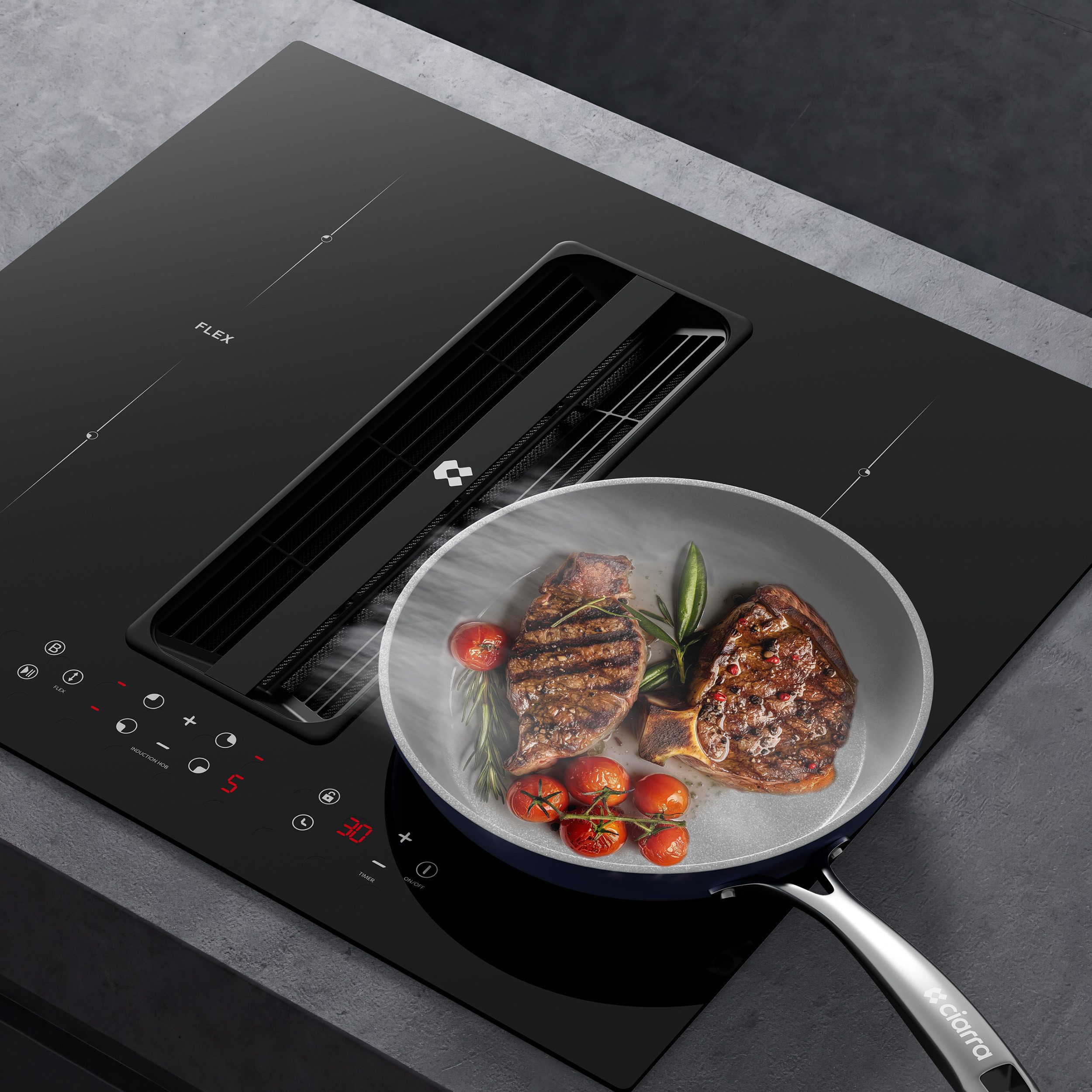 CIARRA Kochfeld mit Dunstabzug 60 cm Kochfeldabzug mit integriertem Plasma⁺-System 7165W CIARRA ONE CBBEH594BBF, 4 Zonen Induktionskochfeld mit Dunstabzug 60cm mit Flex Zone 2-Boost