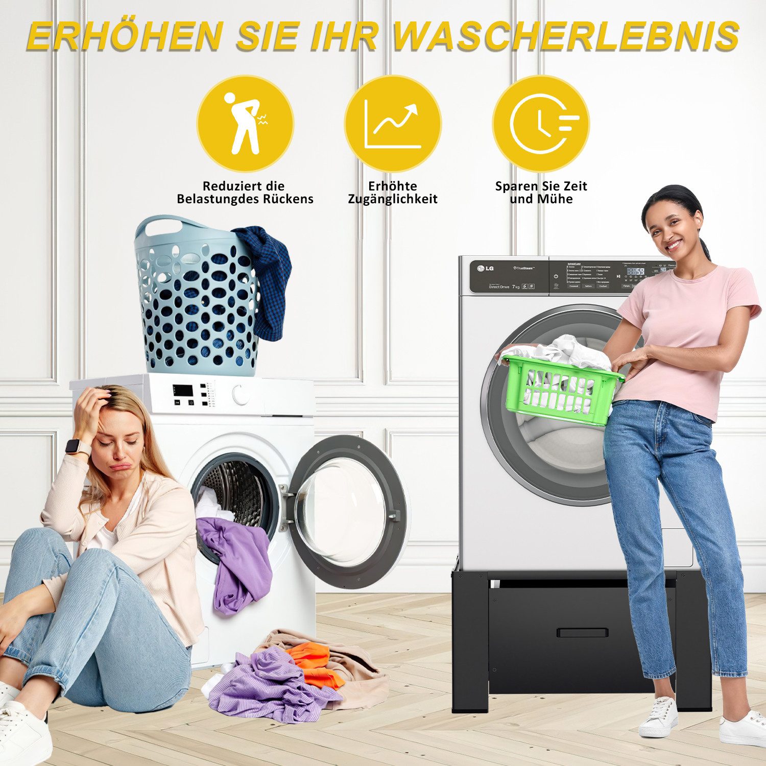 Clanmacy Waschmaschinenunterschrank 2er Waschmaschinen Untergestell mit Schublade Schwarz