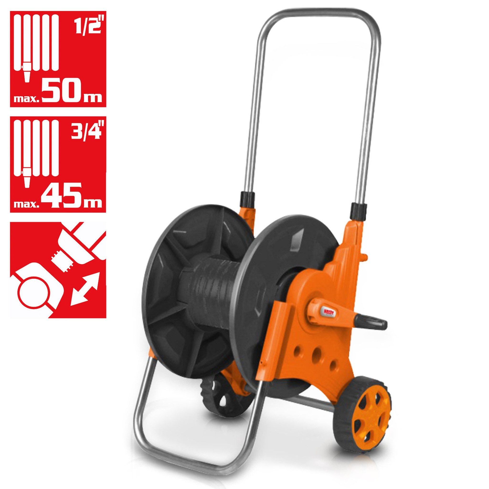 Hecht Schlauchwagen 50 Meter mit 1/2" Durchmesser Schlauchaufroller, witterungsbeständig, Schlauchanschlussstücke