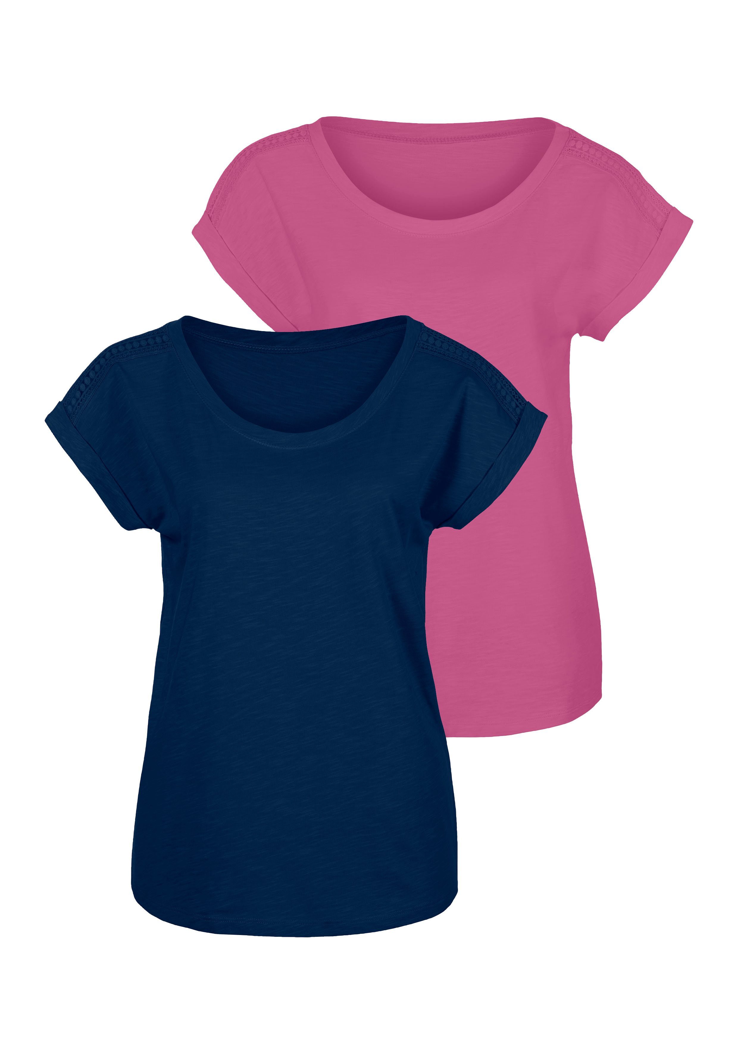 Sonderangebot für Originalprodukte Vivance T-Shirt (Packung, 2er-Pack) pink, mit an Schulter Häkelspitze navy der