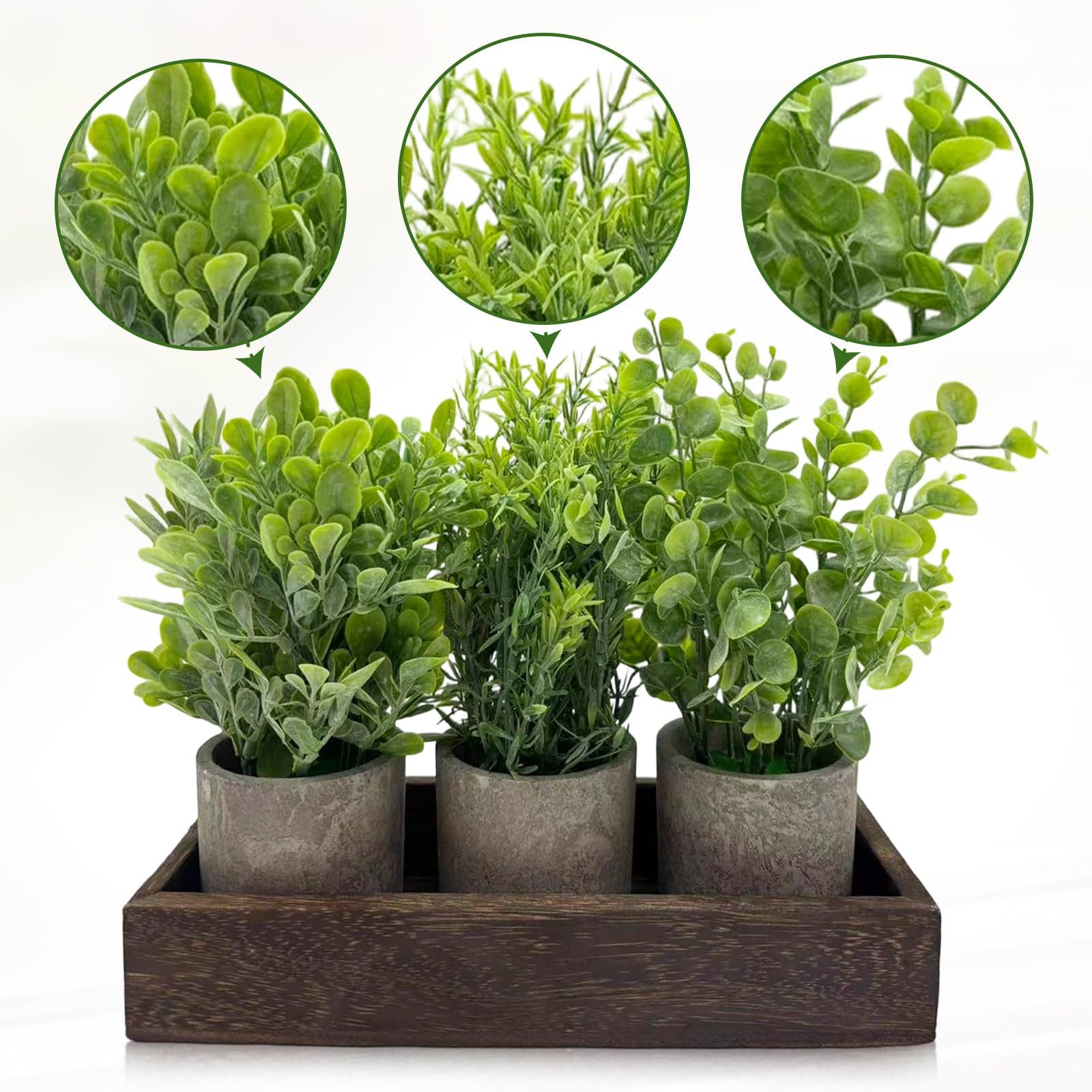 Kunstpflanze 3-teiliges Künstlicher Eukalyptus und Rosmarin Set mit Holztablett, GarveeMore