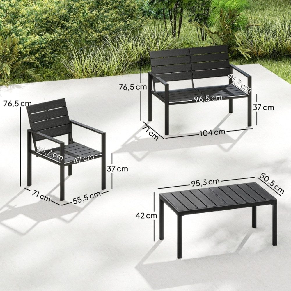 OKWISH Sitzgruppe 4-tlg. für 4 Personen, Lamellendesign wetterfest – Schwarz, (Set, 4-tlg., Gartenlounge für Terrasse, Hof & Poolbereich), mit 2er-Sofa, 2 Sesseln & Beistelltisch
