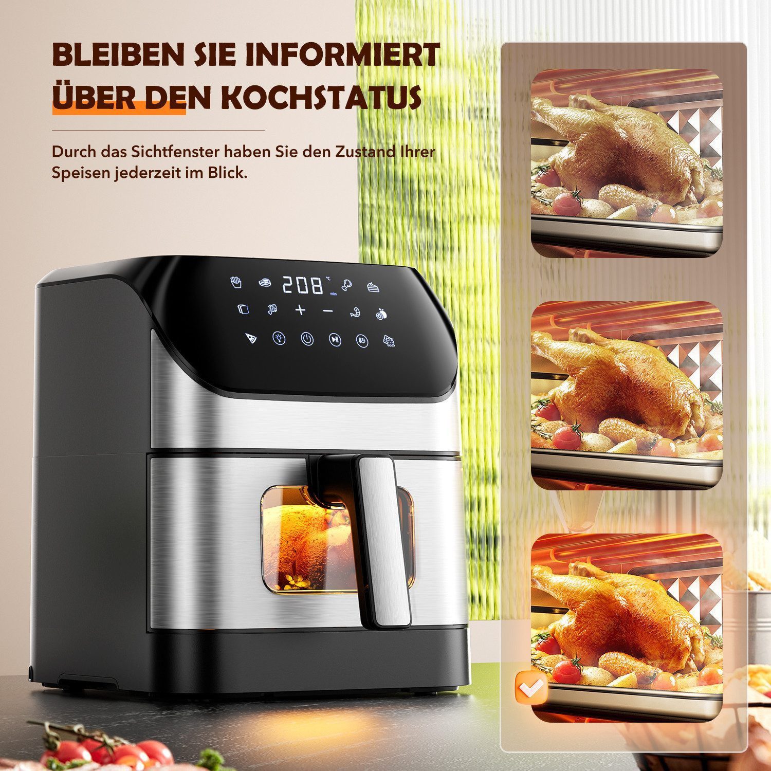 oyajia Heißluftfritteuse Heißluftfritteuse XXL 8L mit Sichtfenster, Friteuse ohne Öl 80°C-200°C, 1800 W, Airfryer mit 10 Programmen, Beleuchtung, Timer und Touch-Display