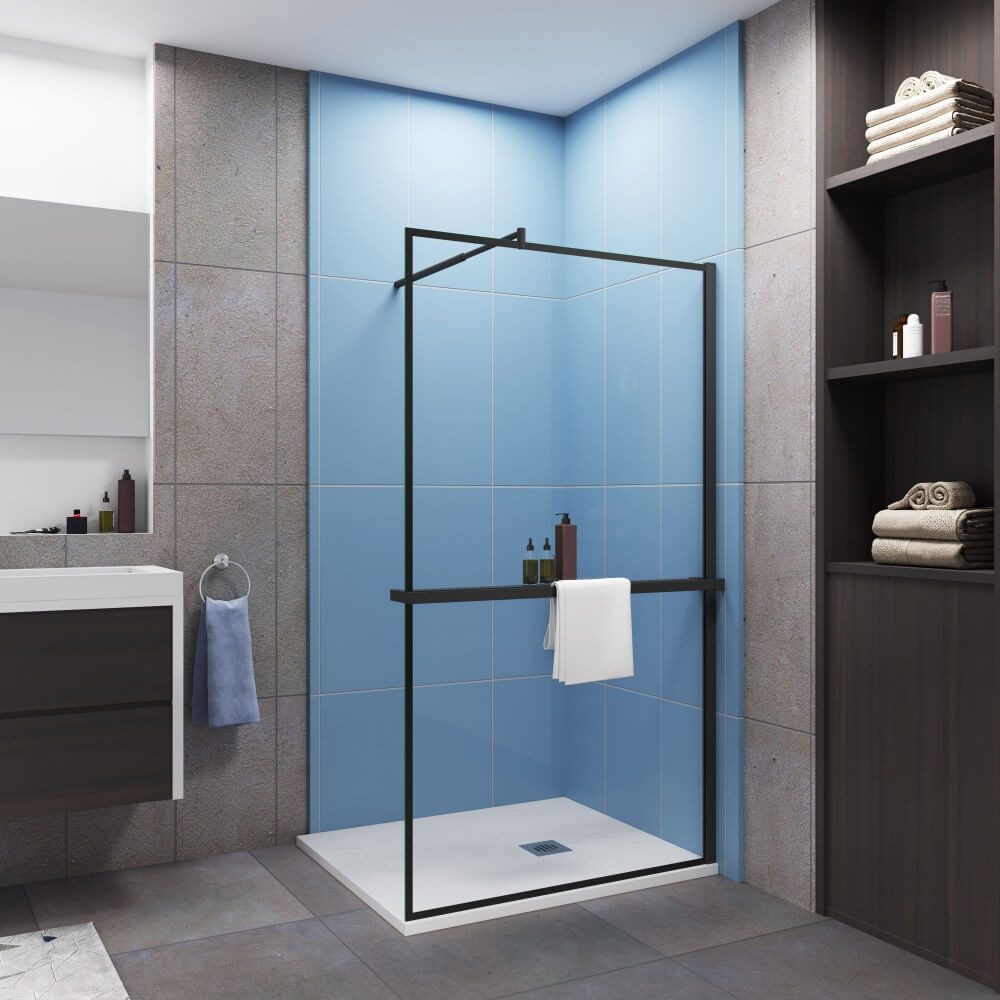 Duschparadies Walk-in-Dusche H:200cm ESG Stabilstange Handtuchhalter schwarz Duschabtrennung, Einscheibensicherheitsglas