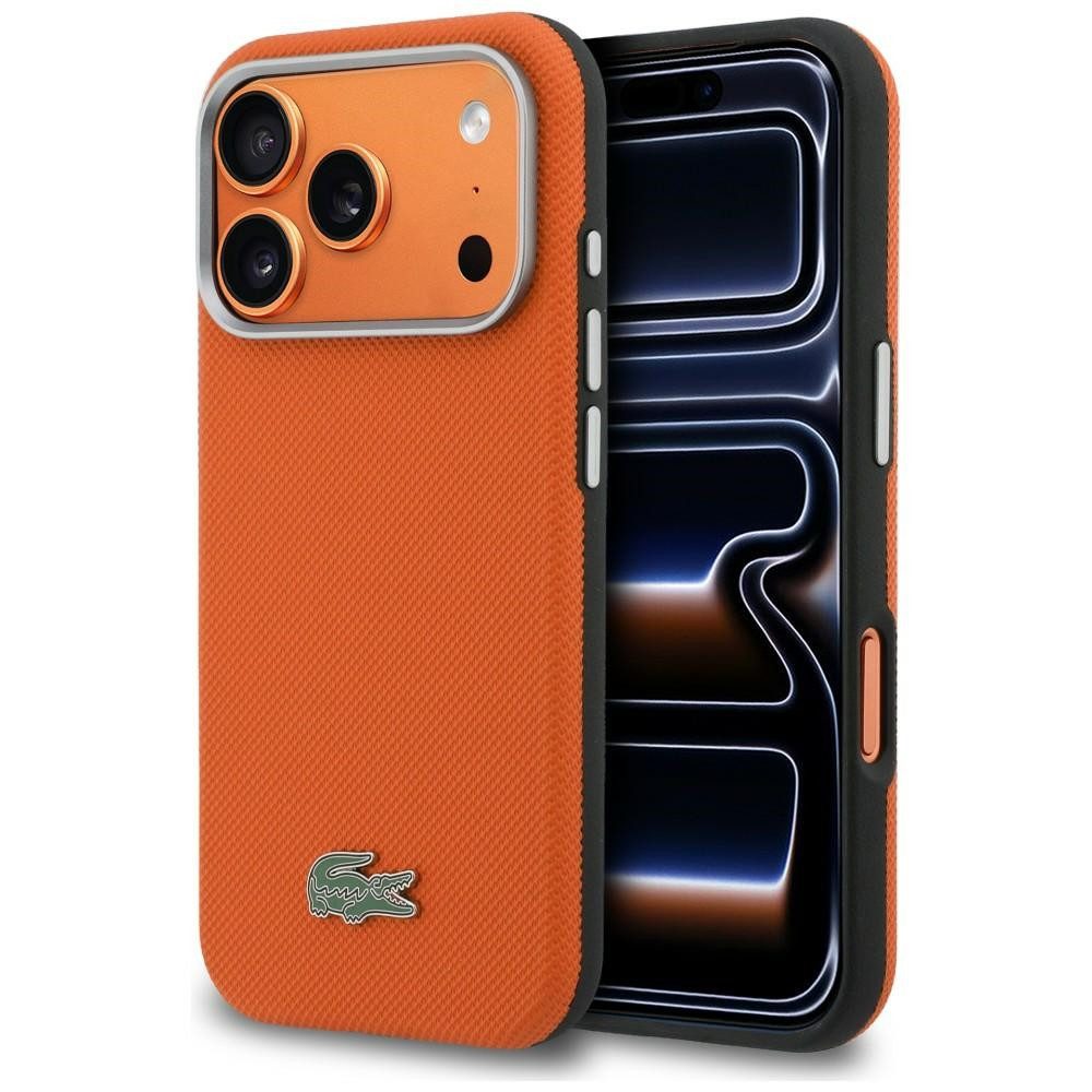 Lacoste Handyhülle iPhone 17 Pro Max Petit Pique orange schwarz Logo Metall Magsafe 6,9 Zoll, Kantenschutz