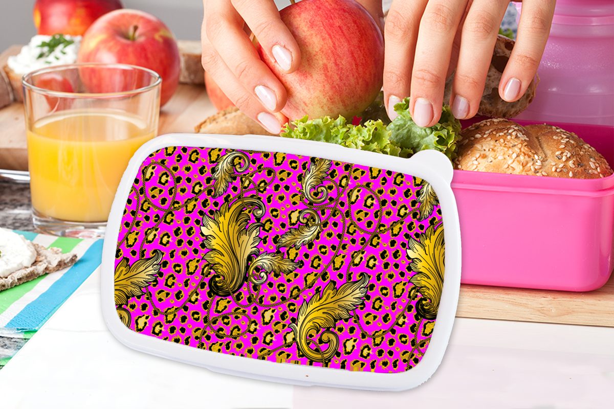 MuchoWow Lunchbox Barock für (2-tlg), Kunststoff Brotdose Panther Erwachsene, Kunststoff, - Mädchen, Snackbox, Muster, - Gold rosa Kinder, Brotbox 
