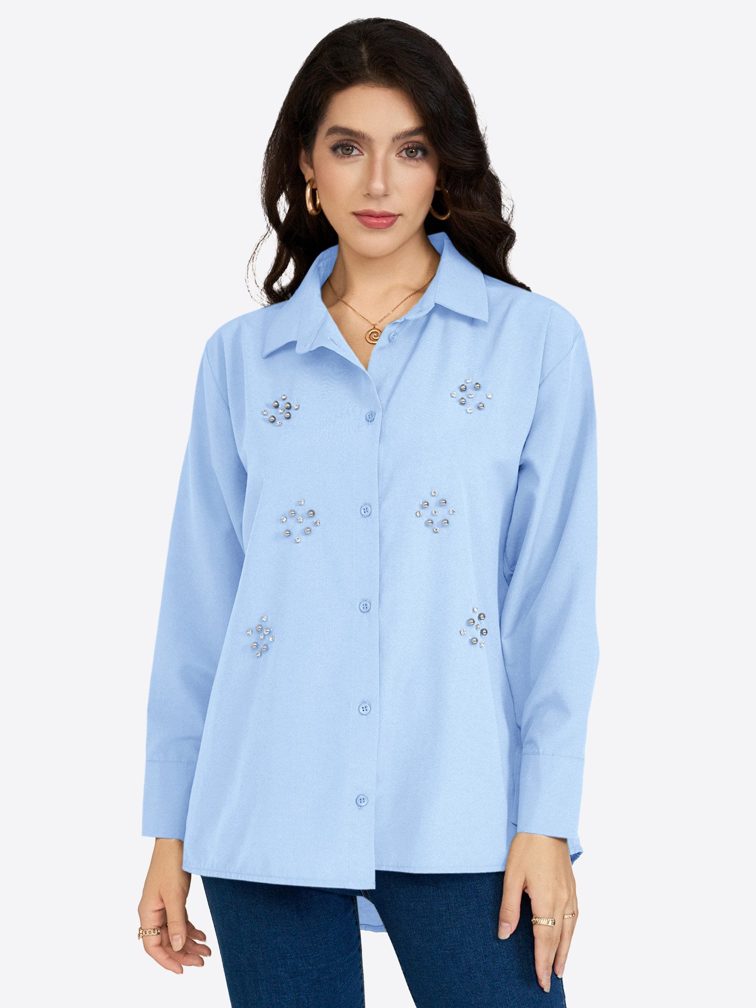 Imily Bela Blusentop Damen Langarm Bluse mit klassischem Kragen (Packung, 1-tlg., 1per-Pack) in Unifarbe