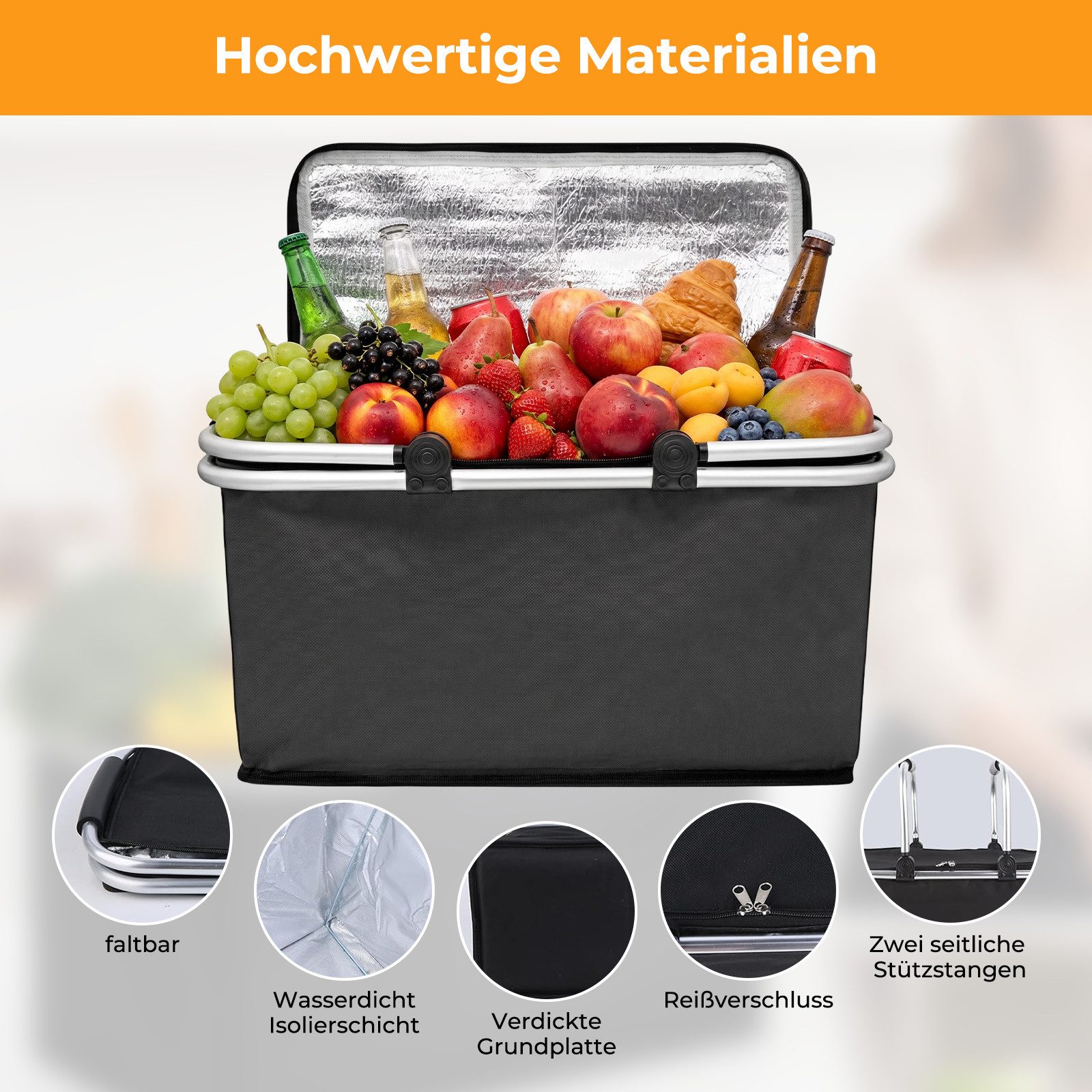 AKKEE Einkaufskorb Großer Picknickkorb mit gepolsterten Griffen Praktischer, Faltbarer Korb Einkaufstasche mit Aluminiumrahmen – Bild 3 von 5