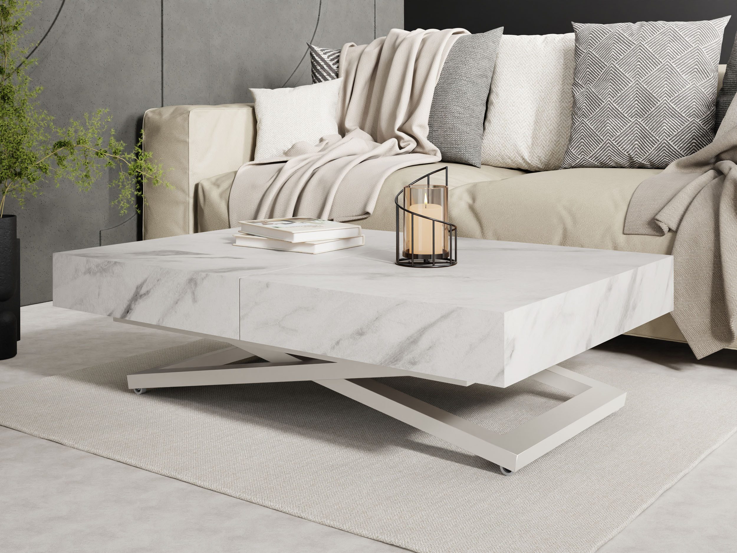 WFL GROUP Couchtisch Cavetta U höhenverstellbar ausziehbar mit Metallbeinen in Kaschmir (MADE IN EU, erhältlich in einer Größe – 120x80x27-76 cm, ausziehbar auf 200 cm), industrial Tisch in Holzoptik für Küche, Esszimmer oder Wohnzimmer