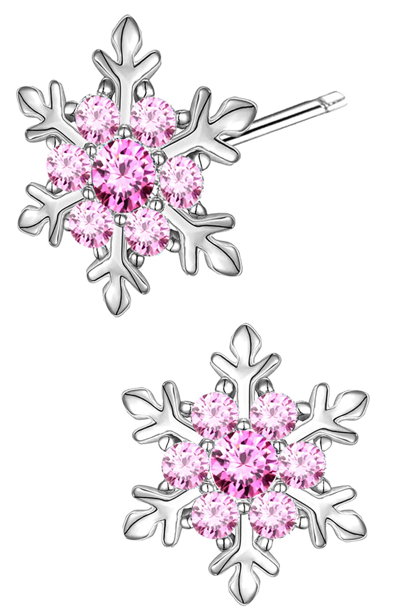 Limana Paar Ohrstecker Schneeflocke Stern 925 Silber Damenohrringe Kinderohrringe Ohrringe (Inkl. Geschenkdose mit Engel Silberohrringe Echtschmuck rosa pink), Idee Geschenk für Sie Frauen Mädchen Kinder Damen Freundin Mutter