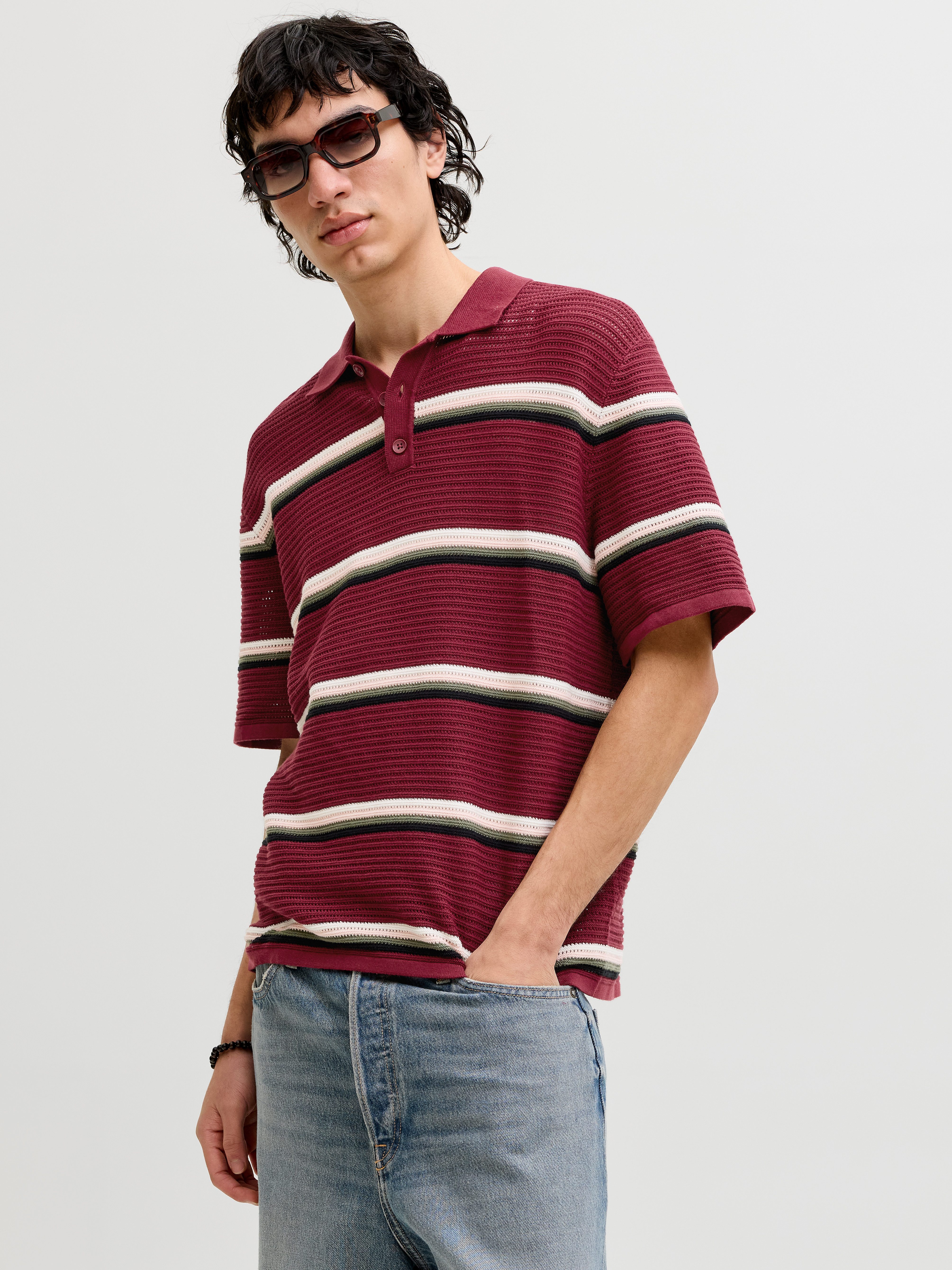 Jack & Jones Polokragenpullover JORMAINE KNIT STRIPE POLO SN Baumwolle, relaxed fit
