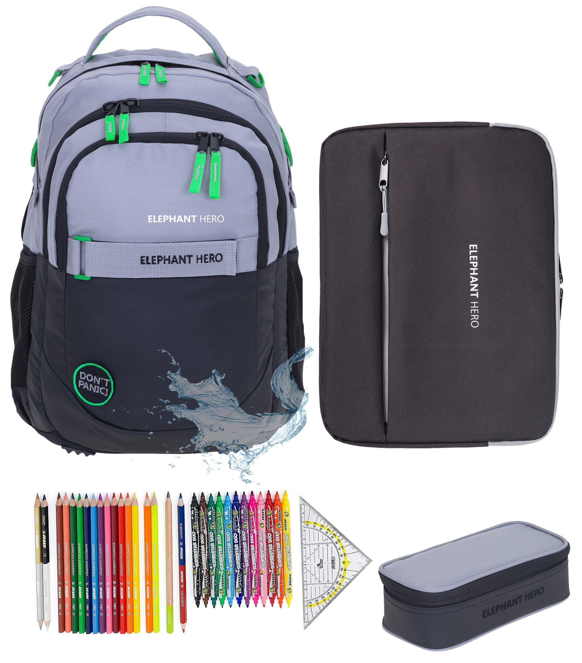 ELEPHANT Schulrucksack Hero Signature Schultasche Digital Ready Set (4 Teile Schulrucksackset, 4-tlg., inkl. Mäppchen Box + Laptop Hülle Sleeve + 31 Teile Stifte), Rucksack Schulmappe Jungen Mädchen +rmlv