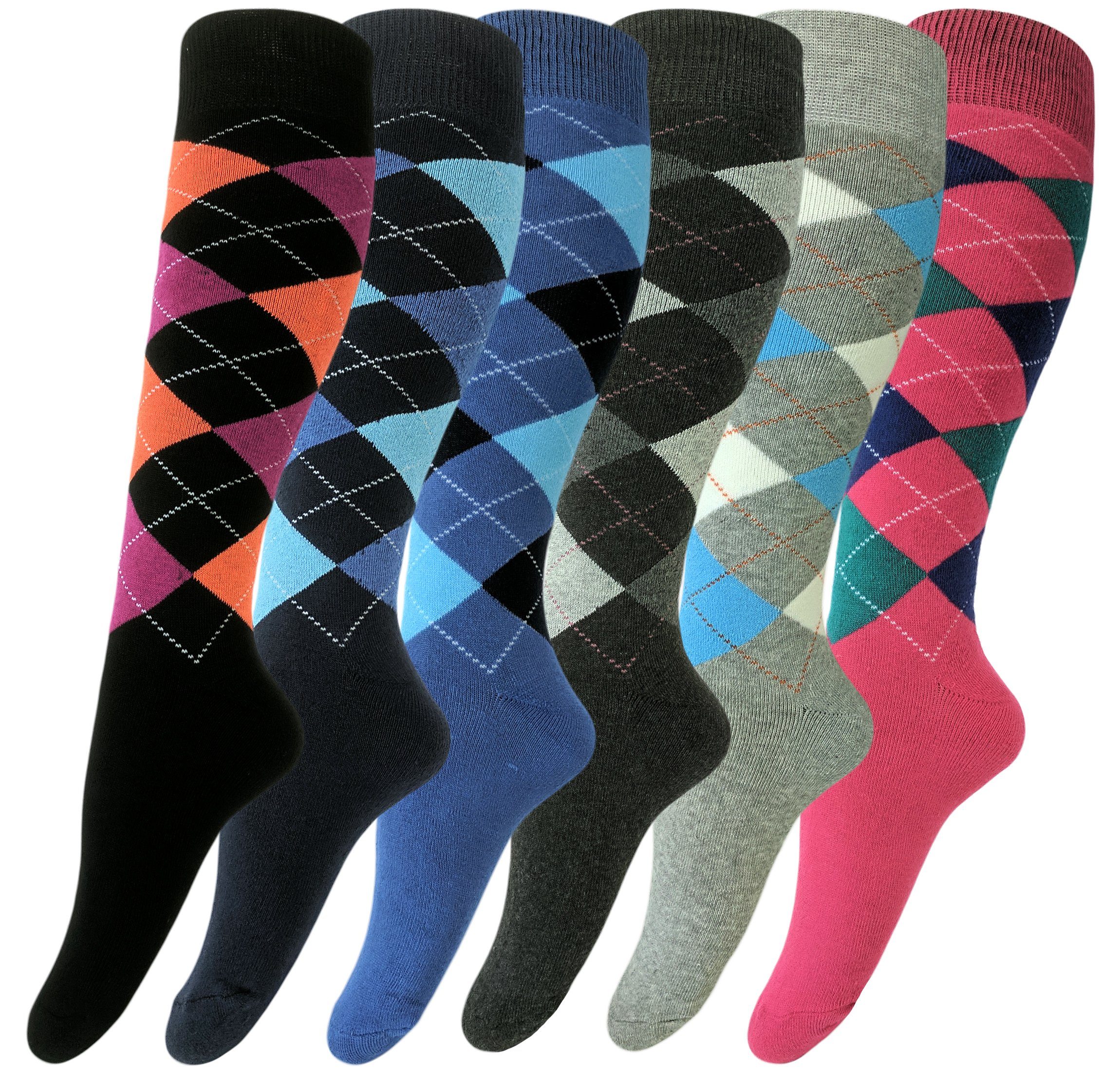 Sockenhimmel Kniestrümpfe 6 Paar warme Damen Kniestrümpfe mit buntem Karomuster Fuß-/Schaftbereich mit Frottee, breiter Komfortbund