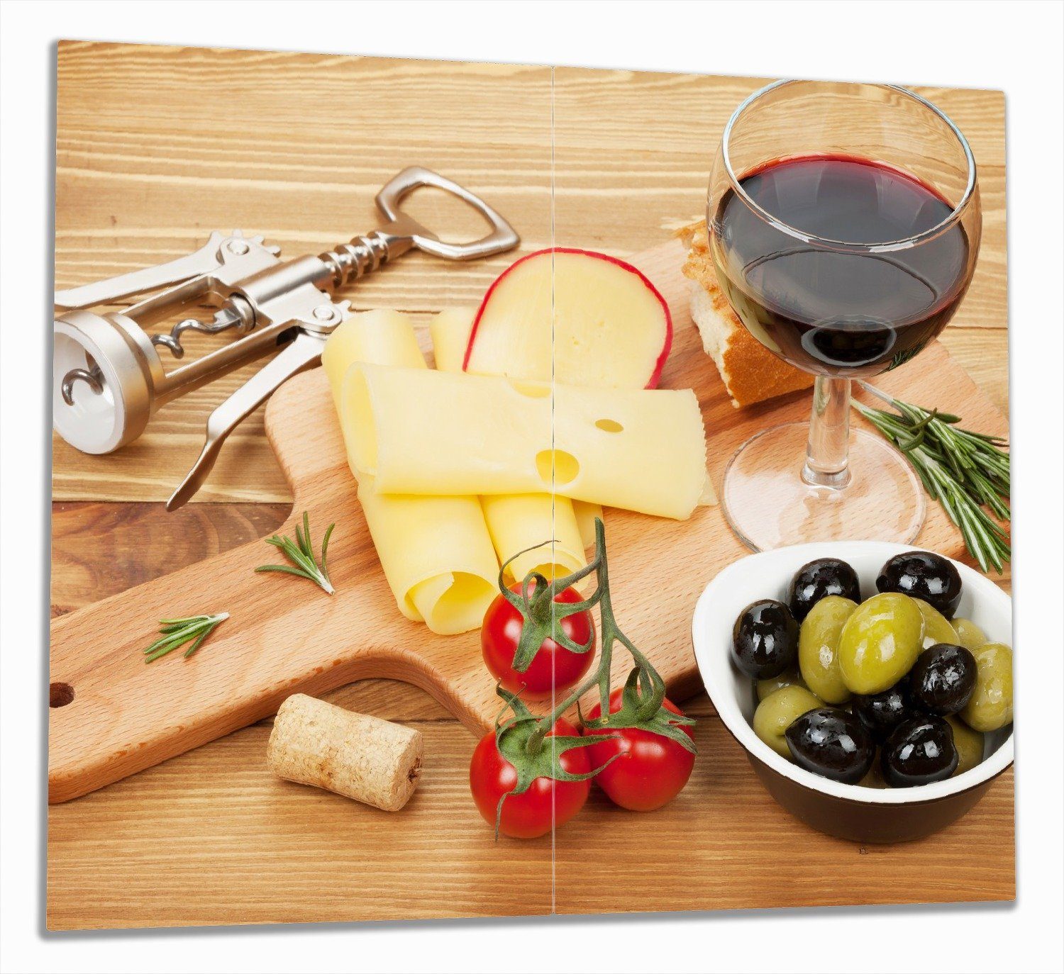 Wallario Herd-Abdeckplatte Genuss am Abend - Rotwein, Käseplatte, Oliven und Tomaten, ESG-Sicherheitsglas, (Glasplatte, 2 tlg., inkl. 5mm Noppen), verschiedene Größen