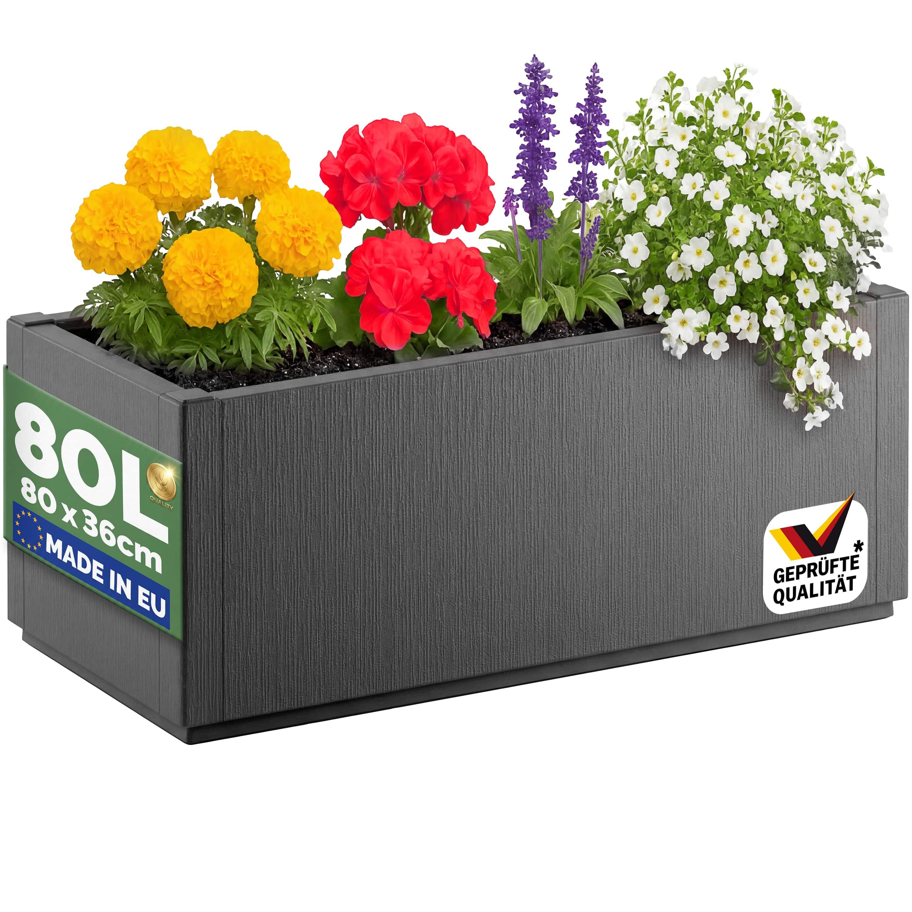 Casaria Blumenkasten Ethica, 80L Pflanzkübel für Draussen Terrasse 80x36x36cm Groß Eckig Anthrazit