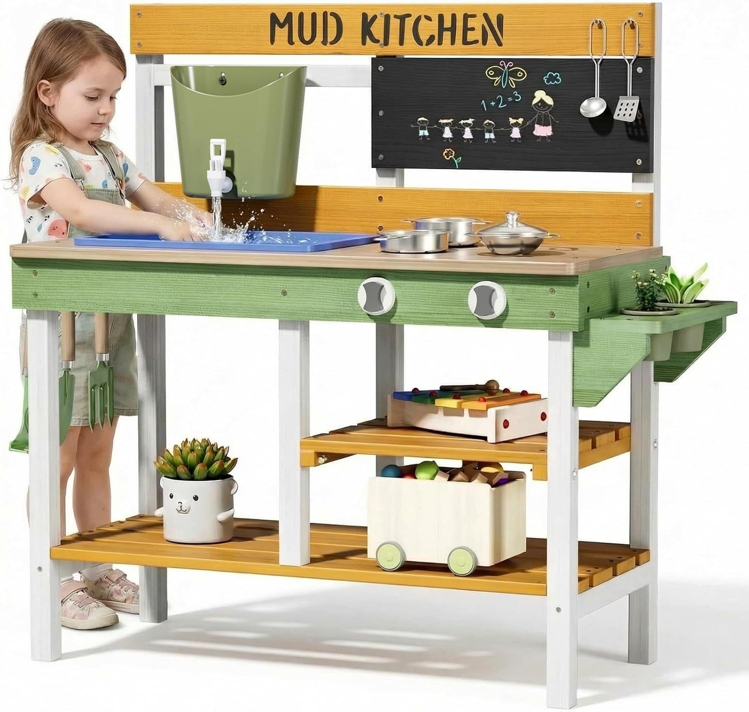 TLGREEN Outdoor-Spielküche Matschküche Kinder Outdoor aus Holz,93x37x88cm, Mit Funktionierendem Wasserhahn, Pflanzkästen & Gartenwerkzeugen