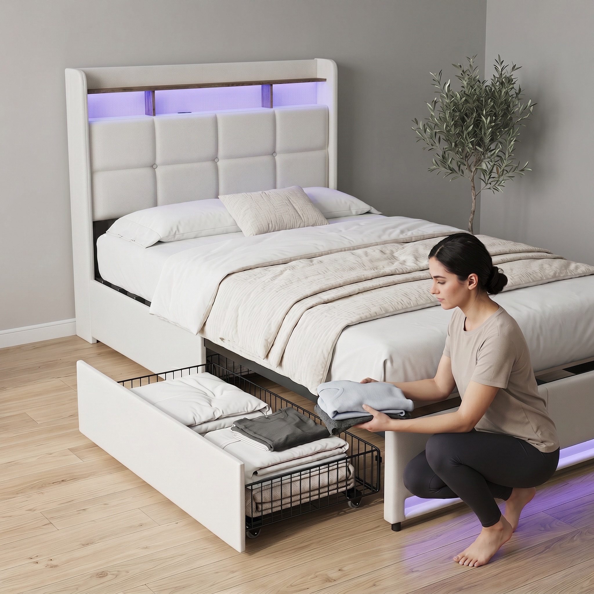Furnishings Home Polsterbett LED Doppelbett Stauraumbett mit Kopfteil und 4 Schubladen (Leinenmaterial Polsterbett mit RGB Beleuchtung, 90x200 cm), mit Lattenrost und Ladefunktion, mit Komforthöhe, Leises Design Bett
