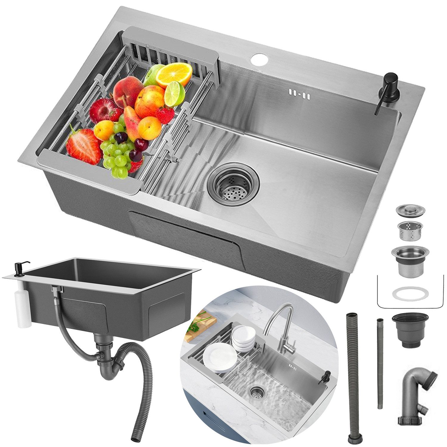 LOVONLIVE Küchenspüle Edelstahlspüle, Küchenspüle mit Klappsieb, Küchenspülenset, 68/45 cm, Mehrere Kits, (Komplett-Set), 68 x 45 cm,Seifenspender, Filter, Siphon-Waschbecken, Überlaufgarnitur