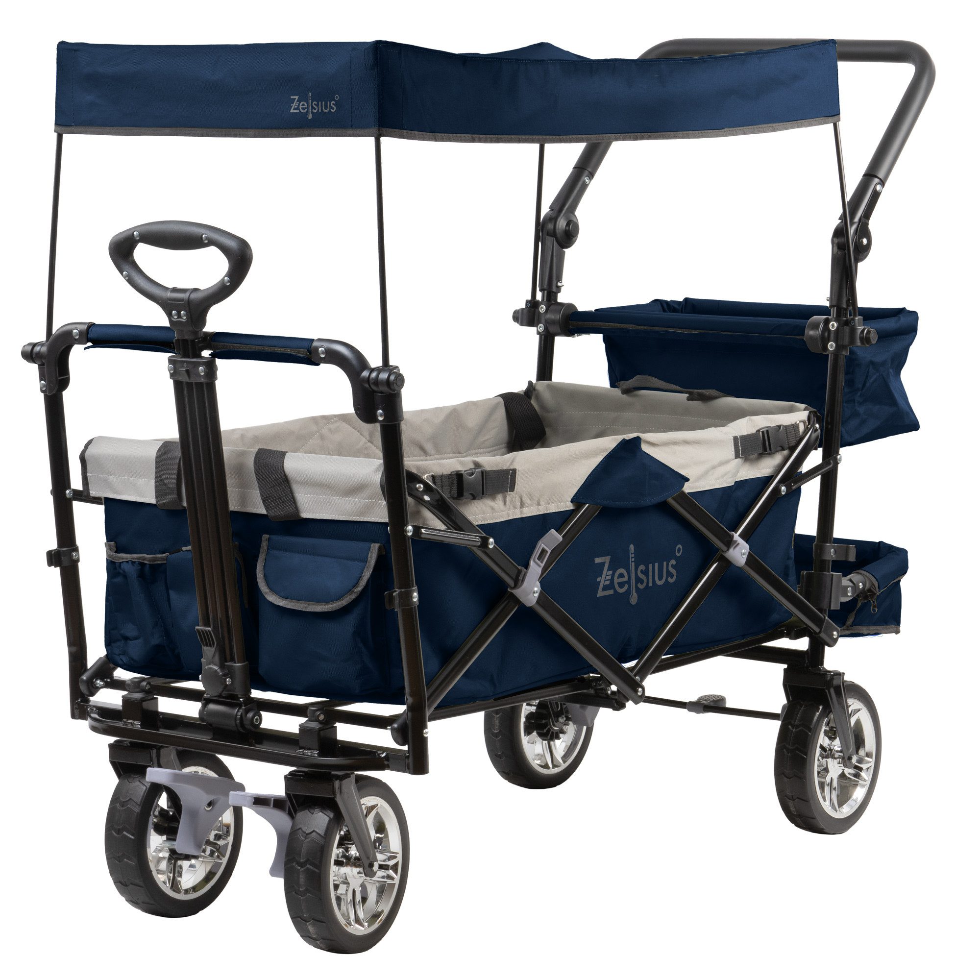 Zelsius Bollerwagen faltbar mit Dach, Blau / Grau, Transportwagen mit Gurtsystem
