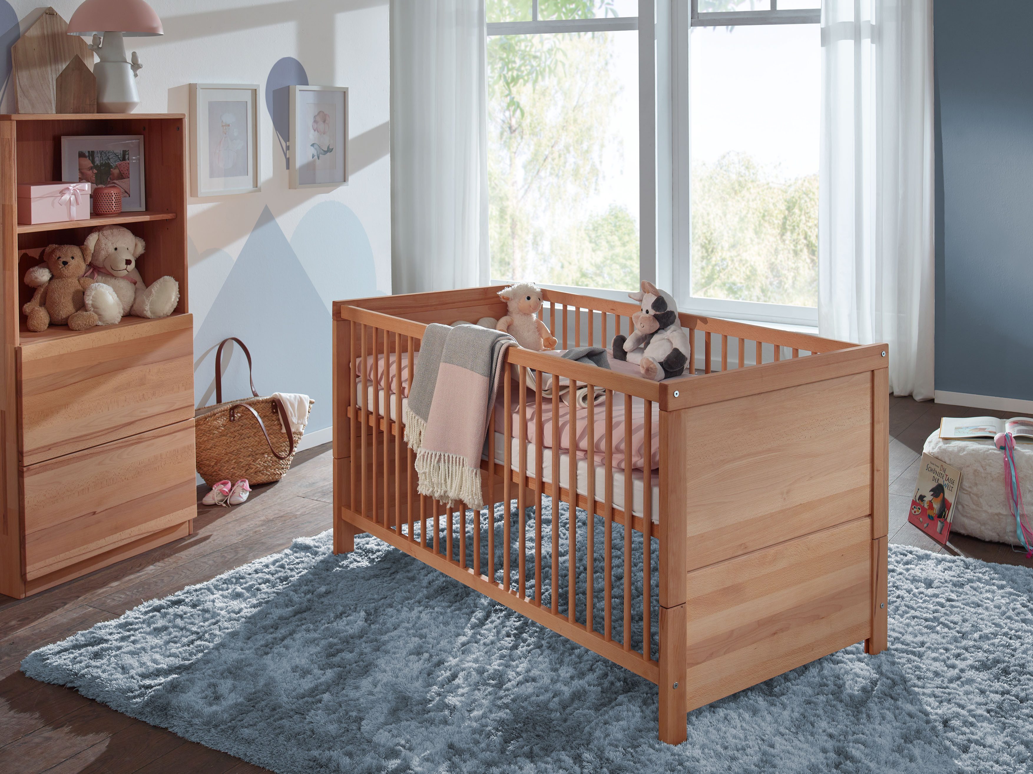 Woodroom Babybett Vik, massive Kernbuche geölt 140 x 70 cm, höhenverstellbar, mit Umbauseiten