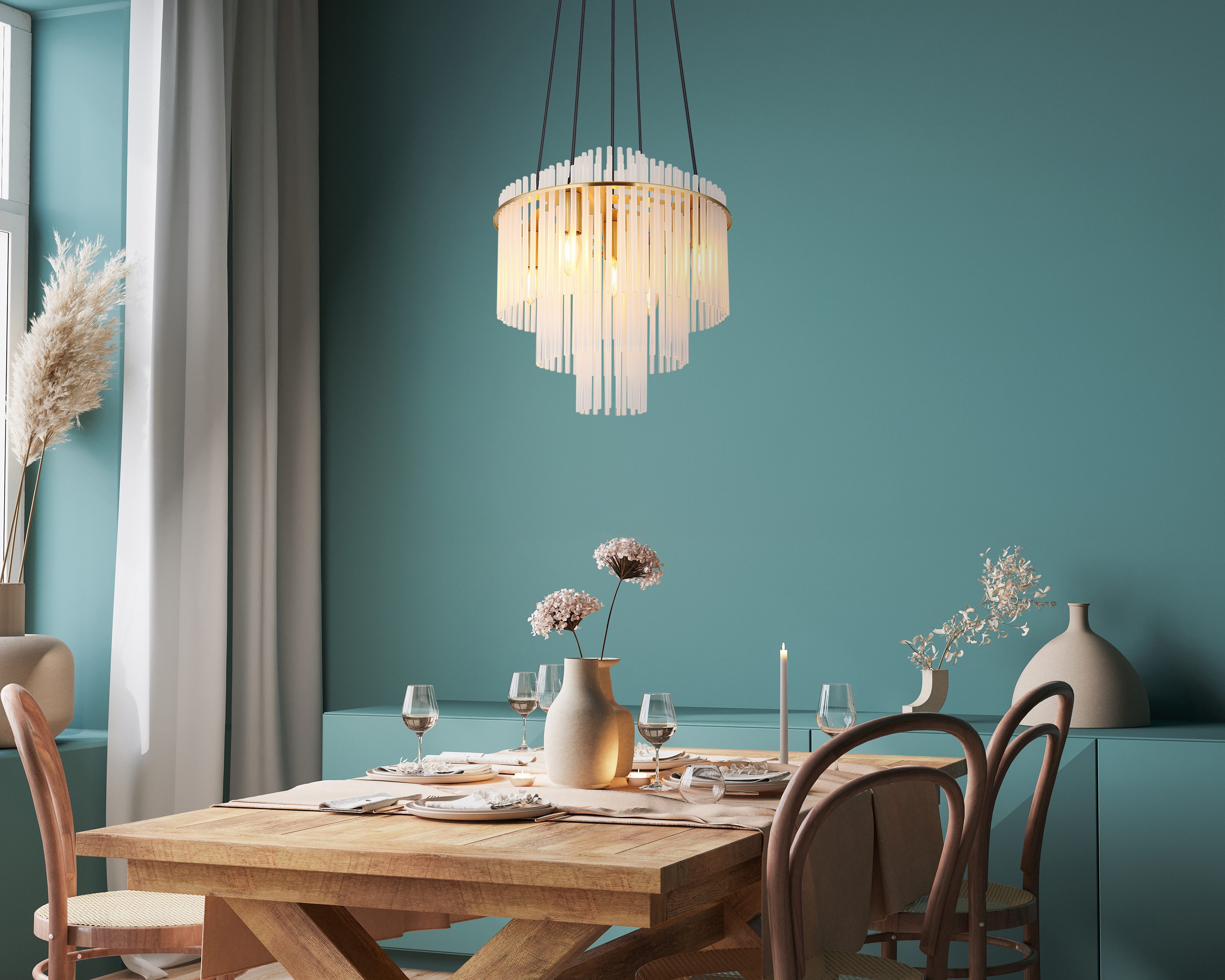 GLOBO LIGHTING Hängeleuchte GORLEY, ohne Leuchtmittel, Hängelampe goldfarben Glasstäbe opal klar verlaufend elegant