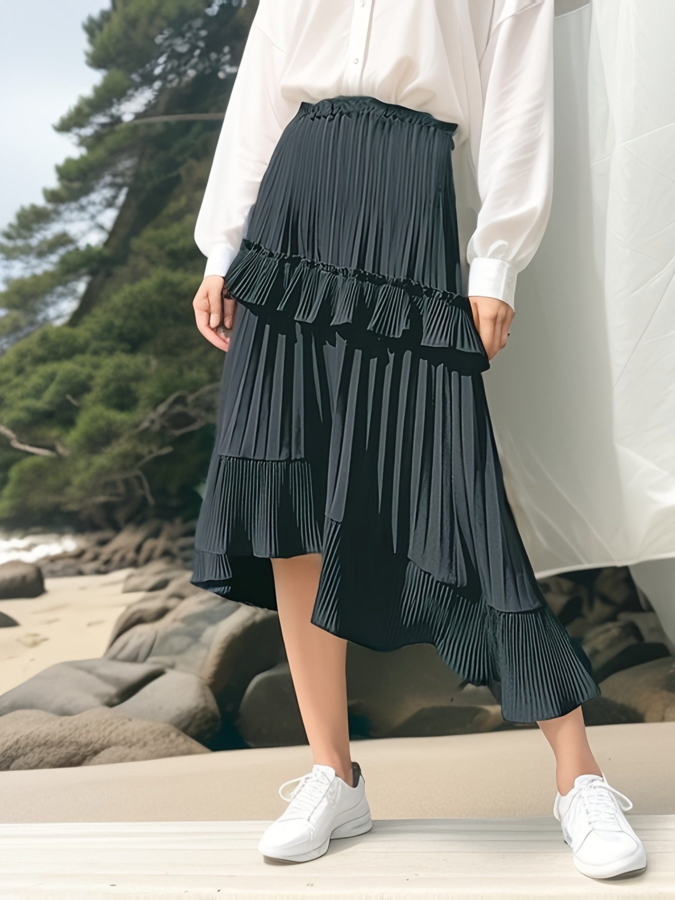 DEBAIJIA Midirock Damen Elegant mit hoher Taille Faltenrock einfarbiger